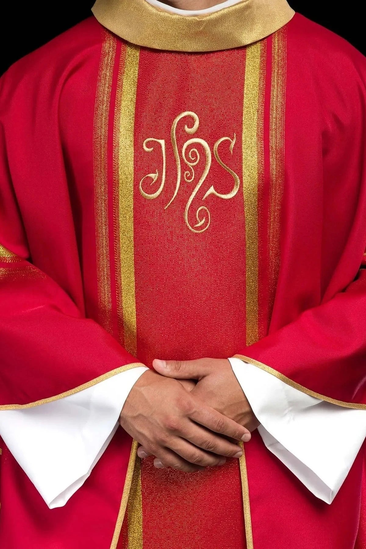 Red Chasuble with Gold-Colored IHS Embroidery — product view