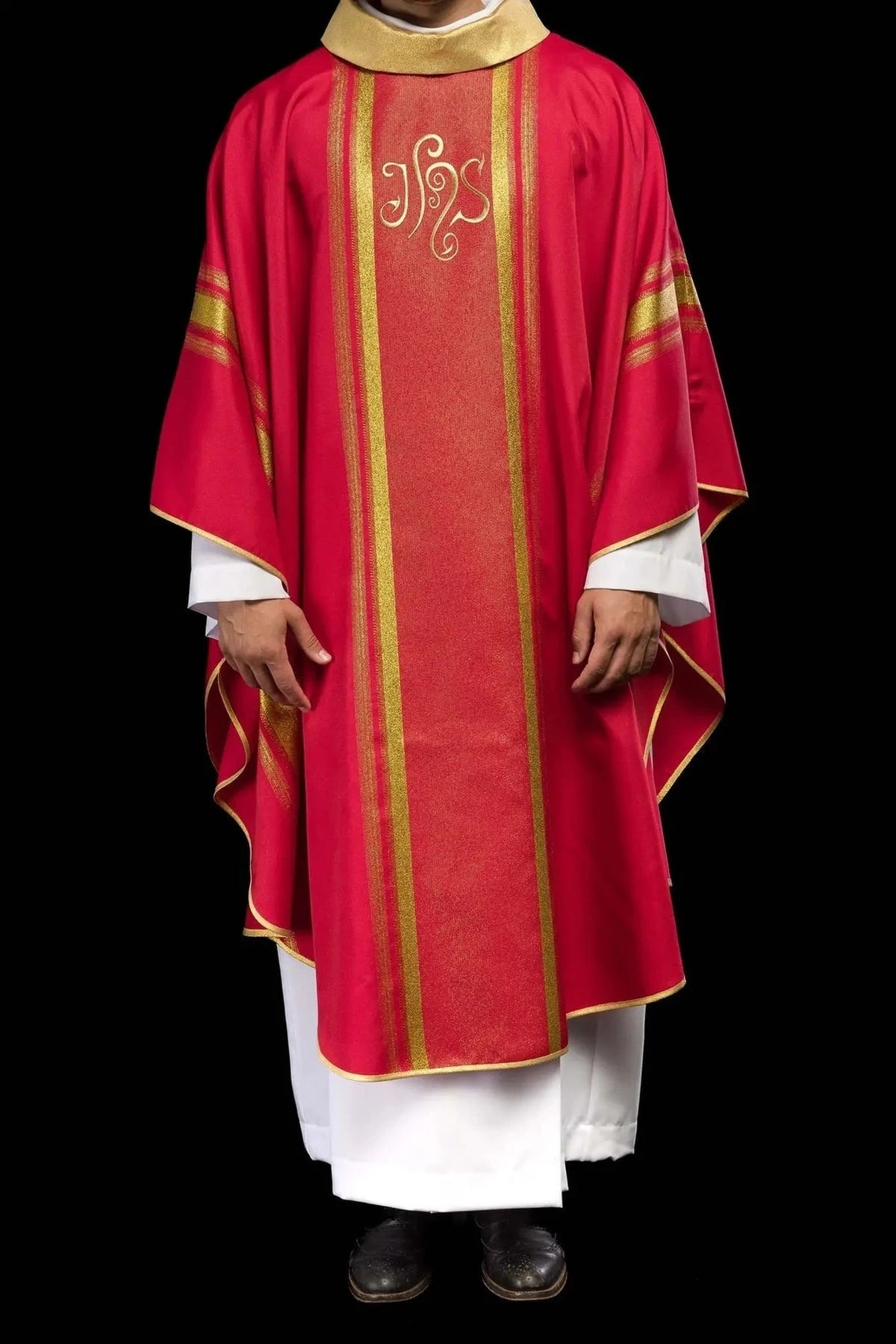 Red Chasuble with Gold-Colored IHS Embroidery — full view