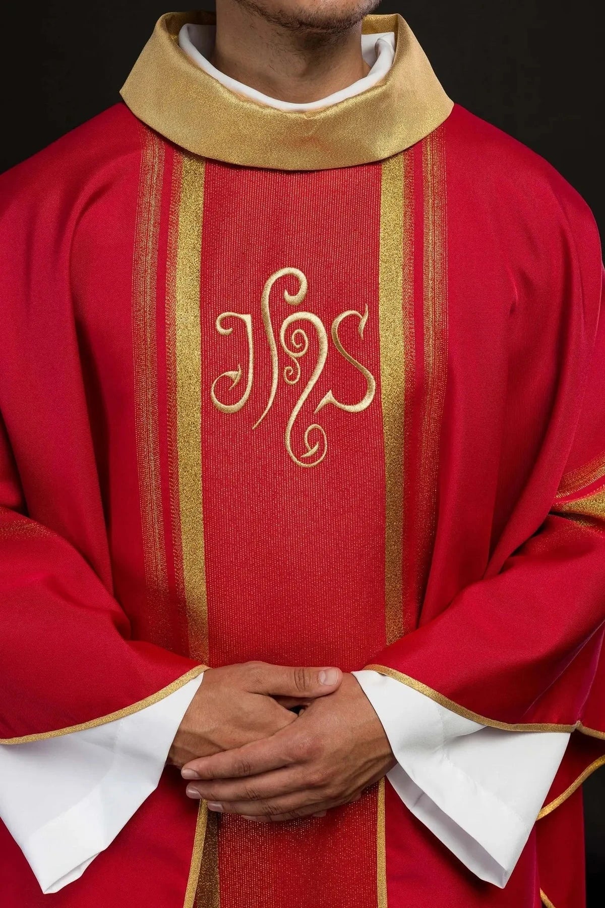 Red Chasuble with Gold-Colored IHS Embroidery — embroidery close-up