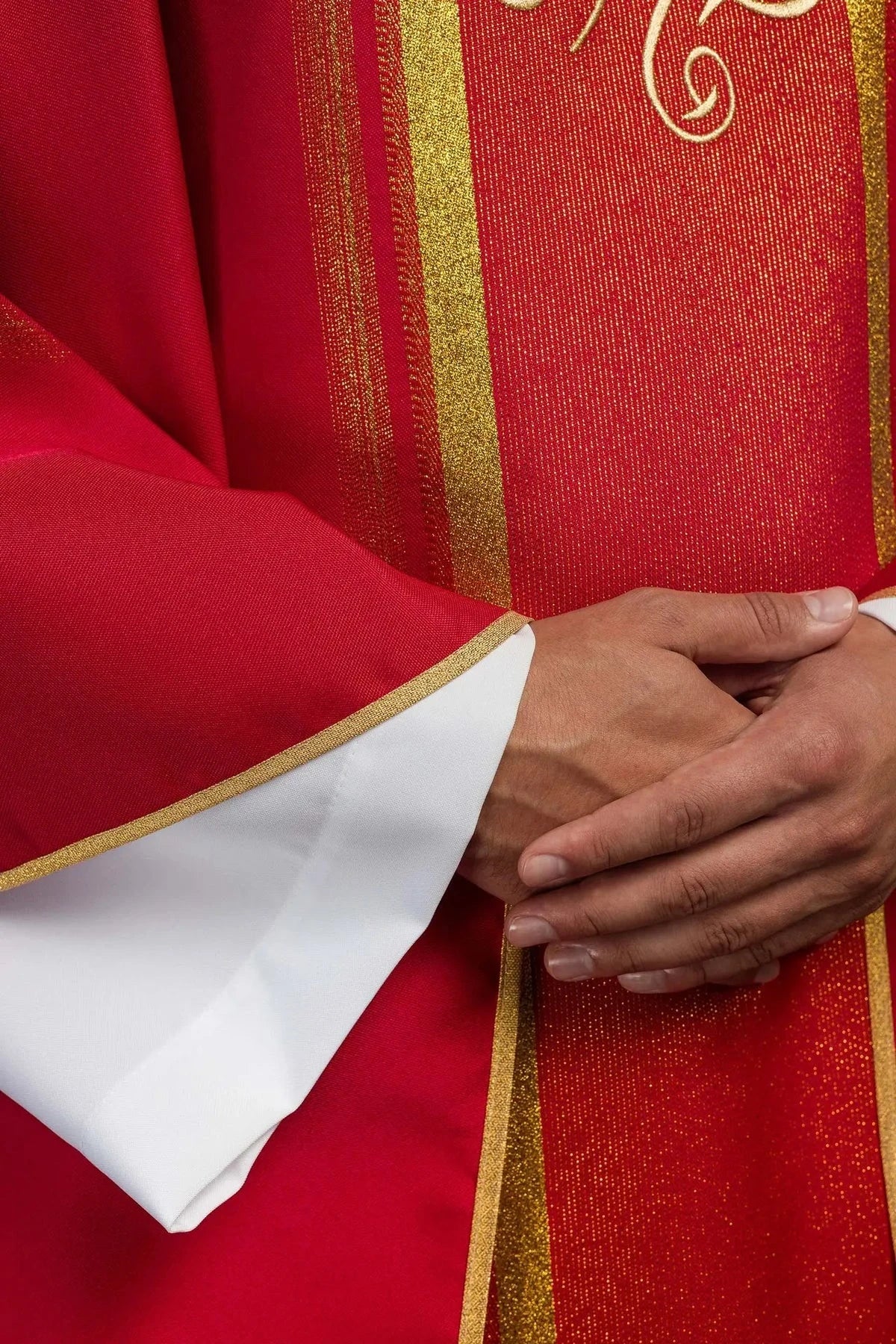Red Chasuble with Gold-Colored IHS Embroidery — symbol detail