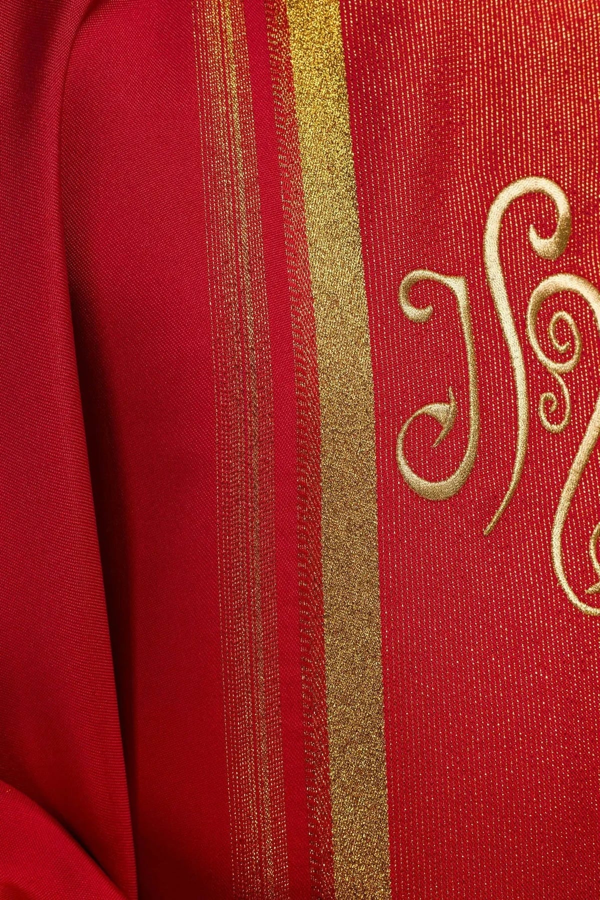 Red Chasuble with Gold-Colored IHS Embroidery — collar finish