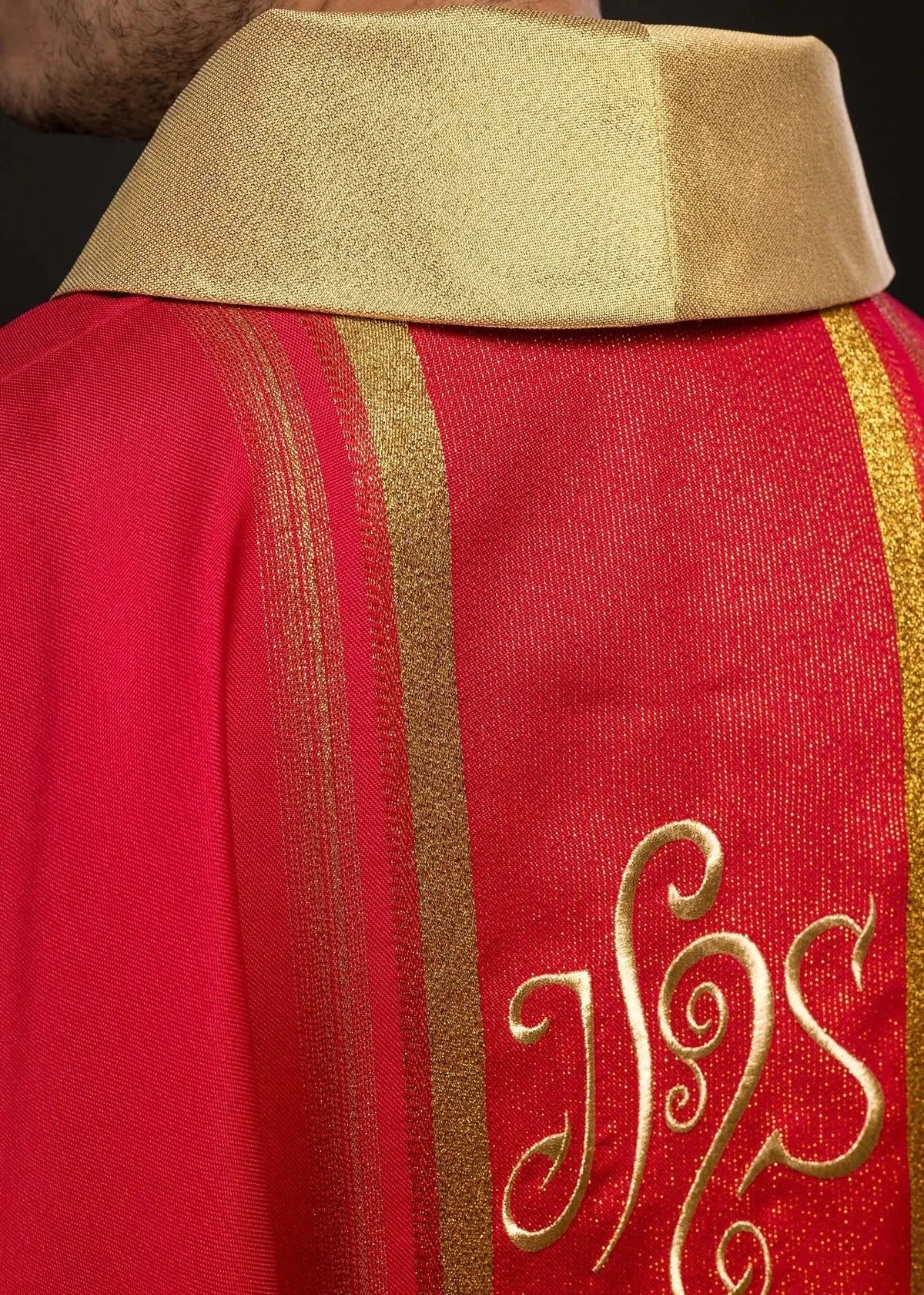 Red Chasuble with Gold-Colored IHS Embroidery — front view