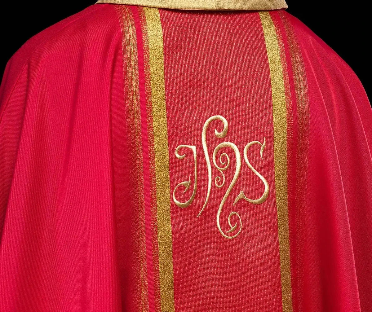 Red Chasuble with Gold-Colored IHS Embroidery — back view