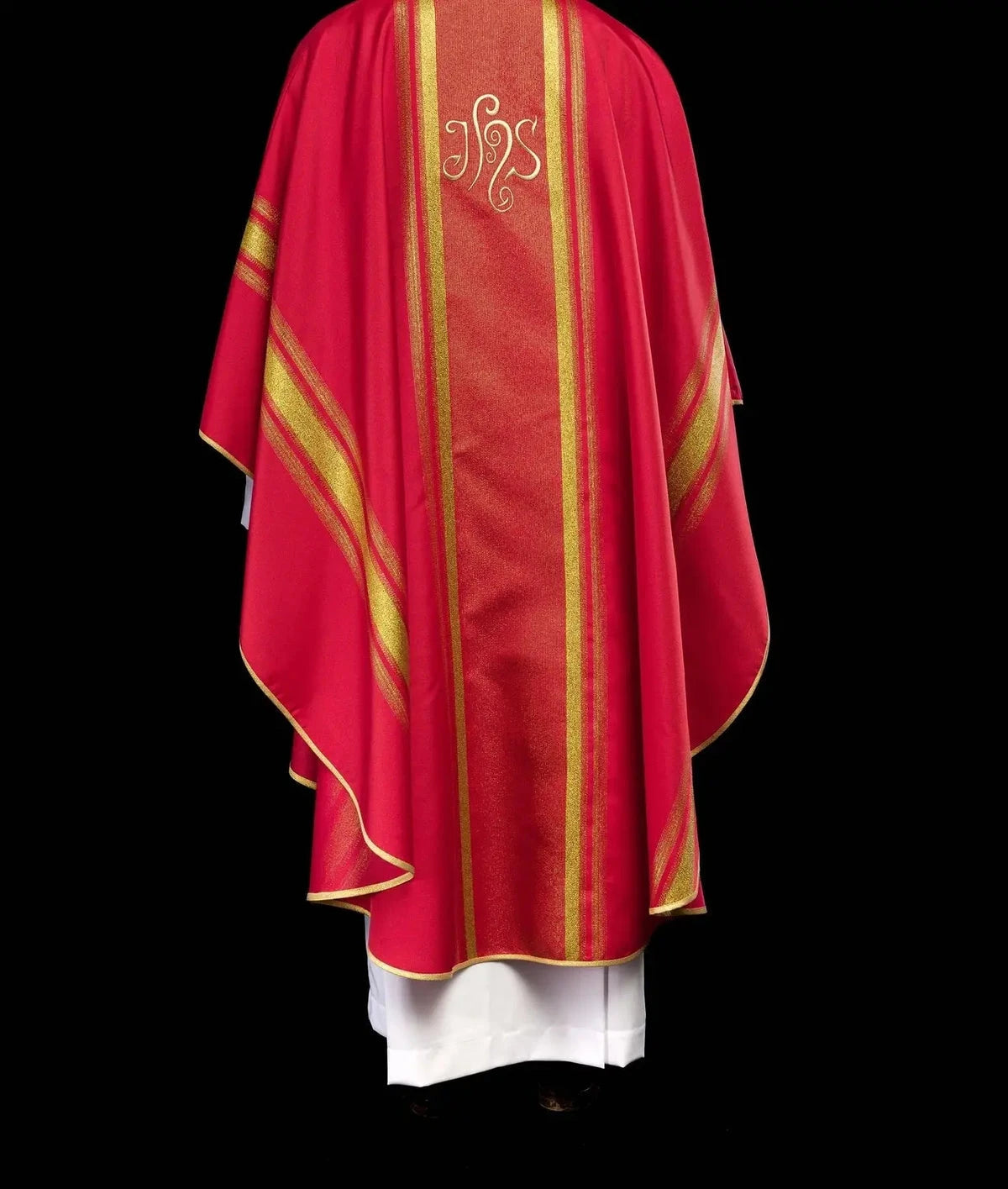 Red Chasuble with Gold-Colored IHS Embroidery — fabric detail