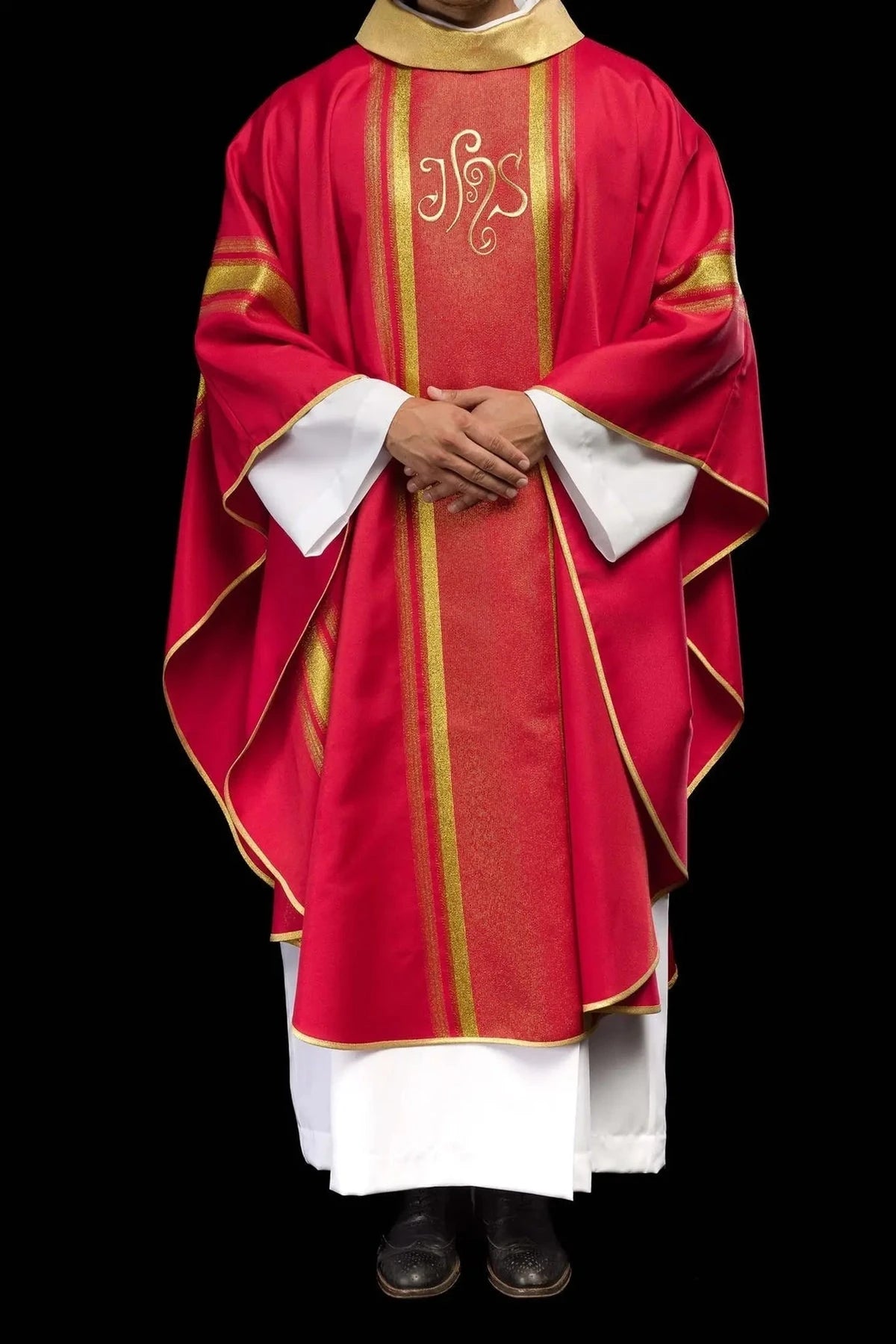 Red Chasuble with Gold-Colored IHS Embroidery — fit on celebrant