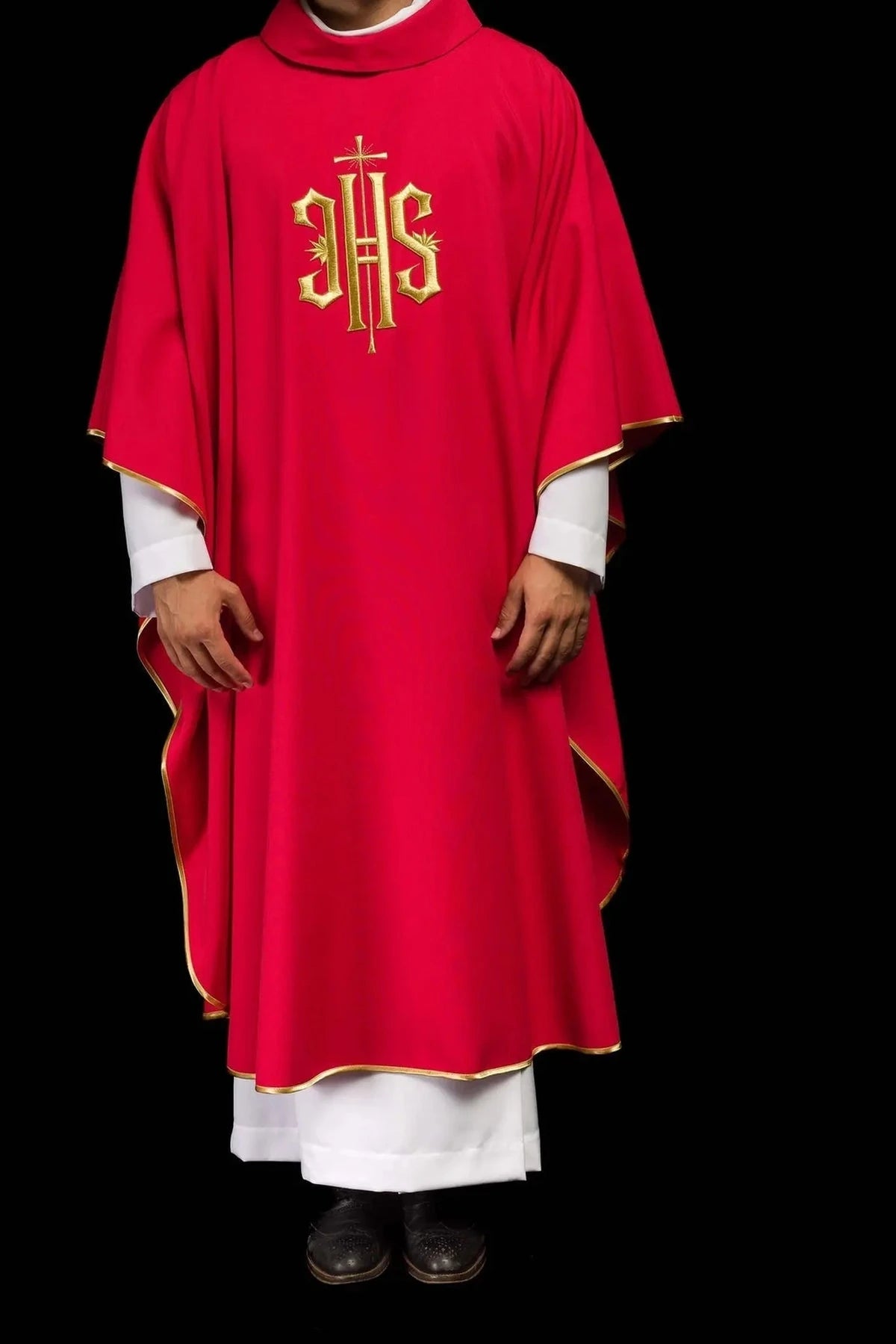 Red Chasuble with Gold-Colored IHS Motif — full view