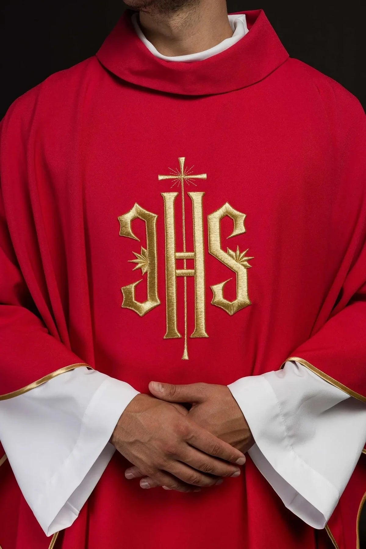 Red Chasuble with Gold-Colored IHS Motif — embroidery close-up