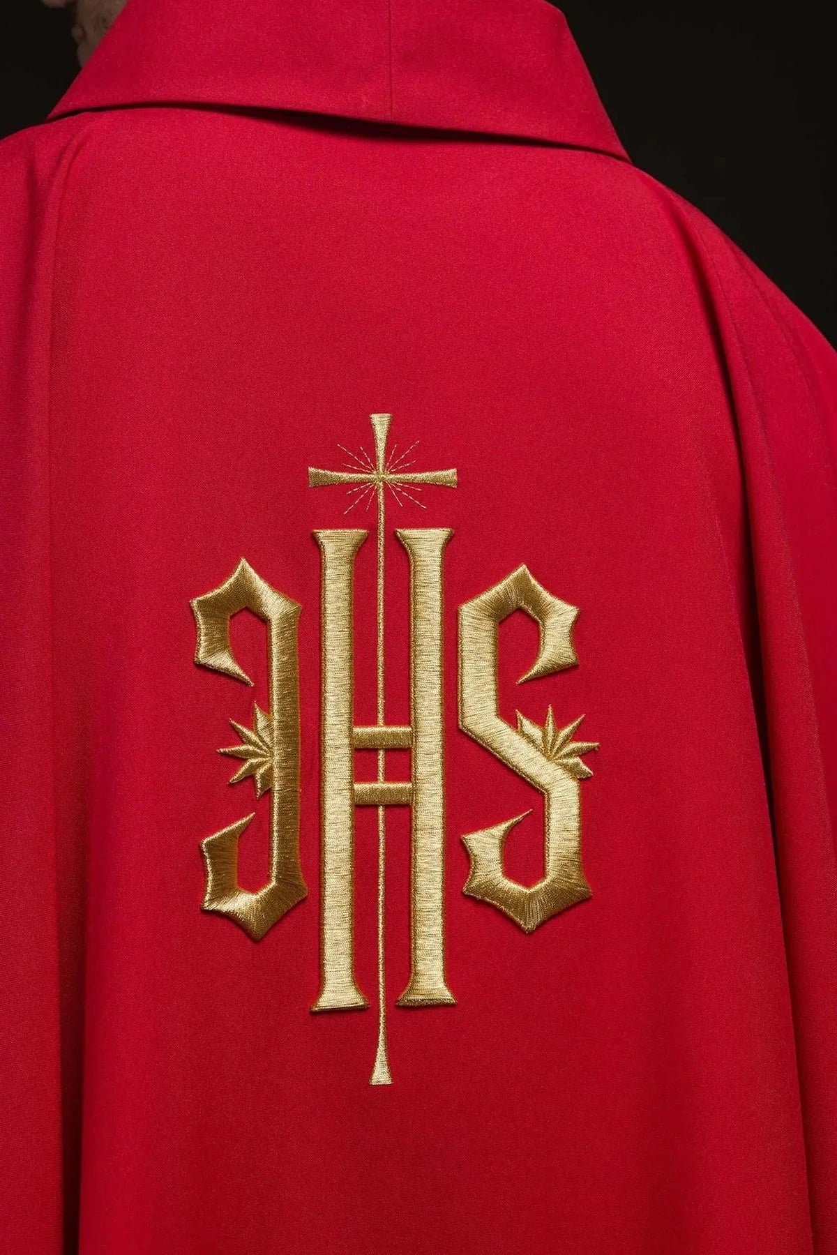 Red Chasuble with Gold-Colored IHS Motif — collar finish