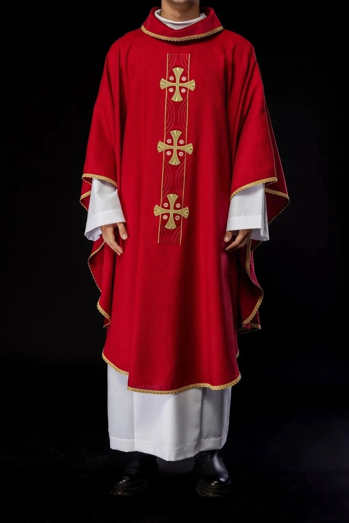 Red Chasuble with Gold Cross Embroidery and Decorative Panel — Full view