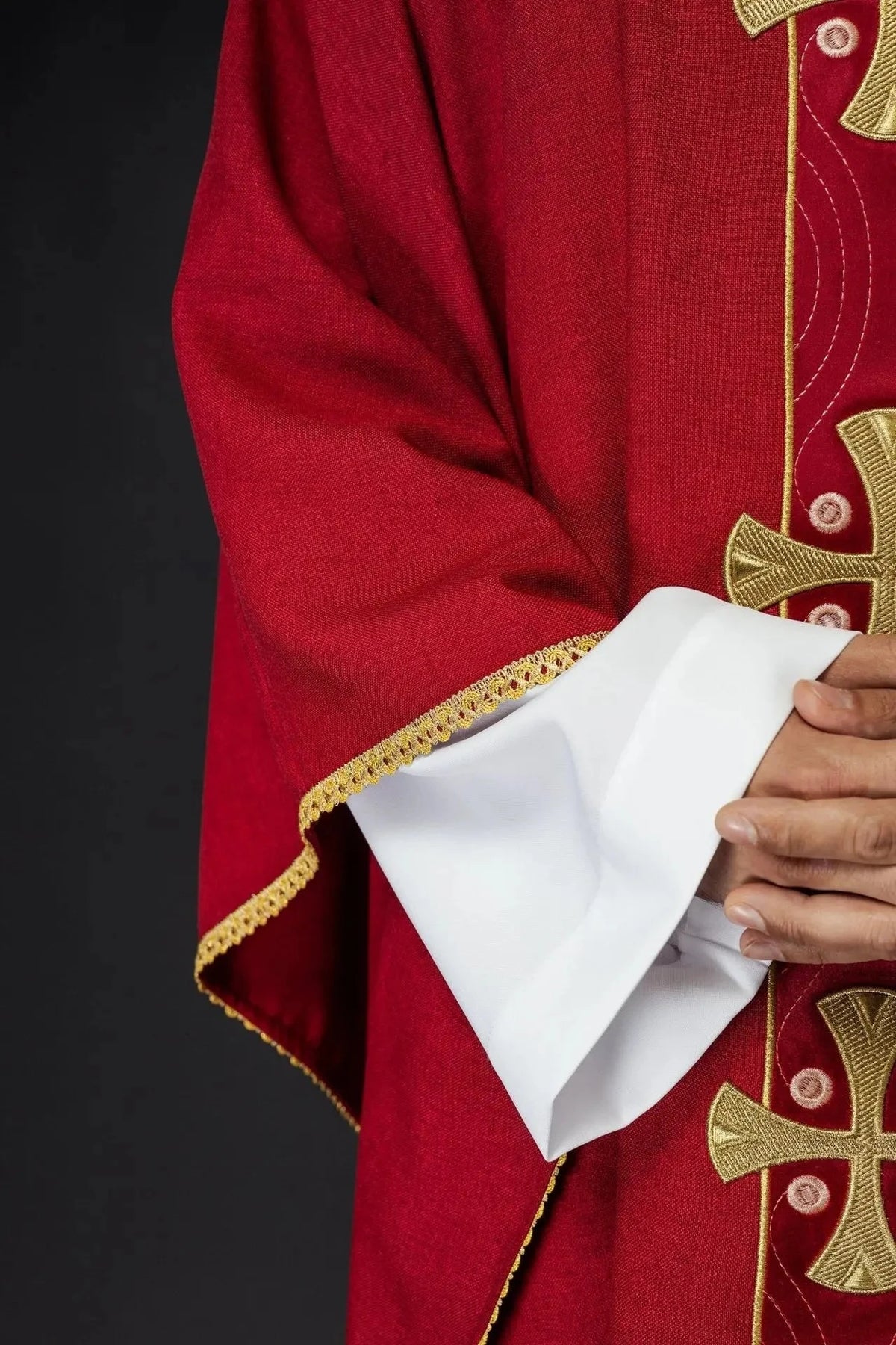 Red Chasuble with Gold Cross Embroidery and Decorative Panel — Cross detail