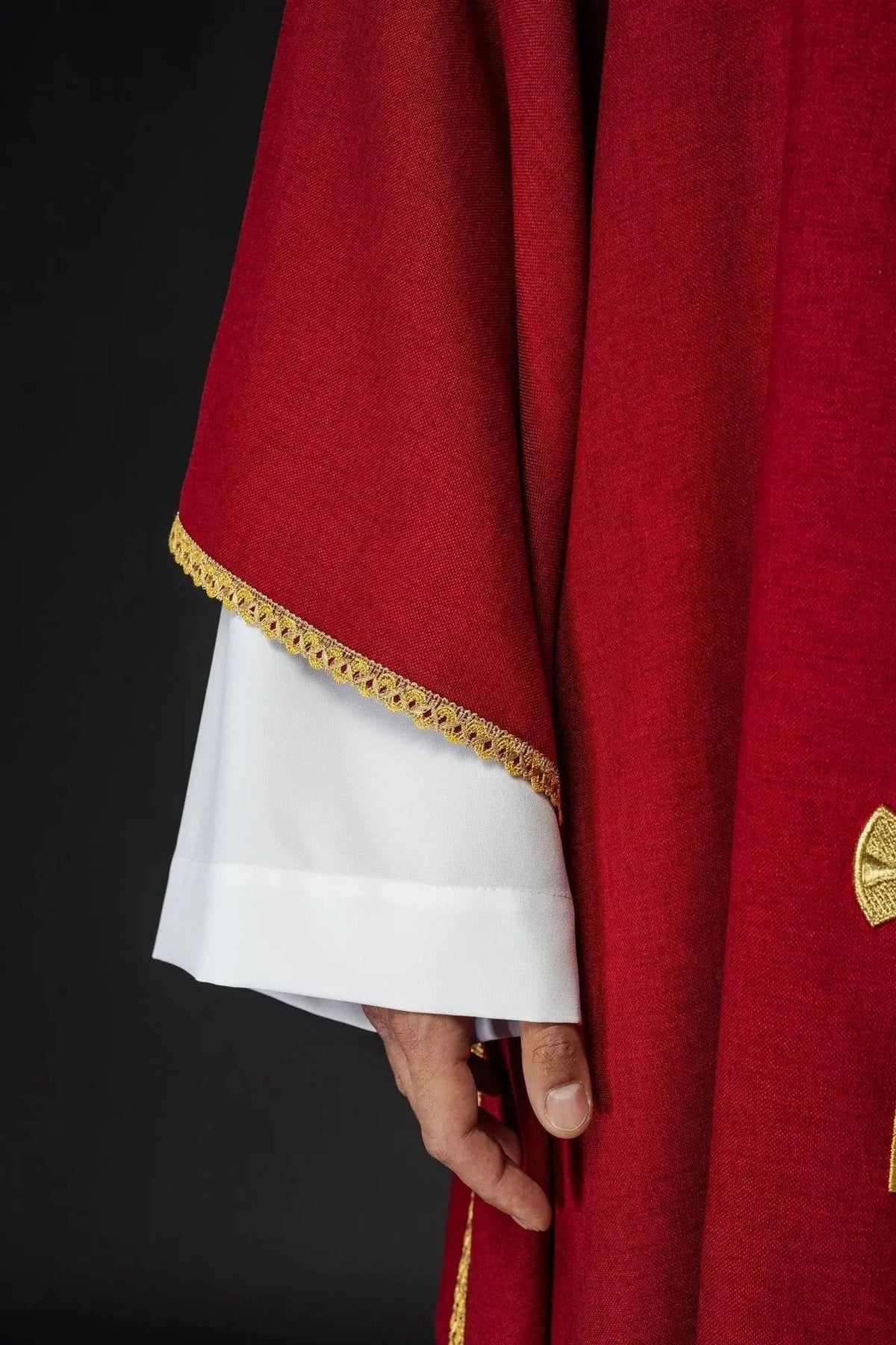 Red Chasuble with Gold Cross Embroidery and Decorative Panel — Neckline finish