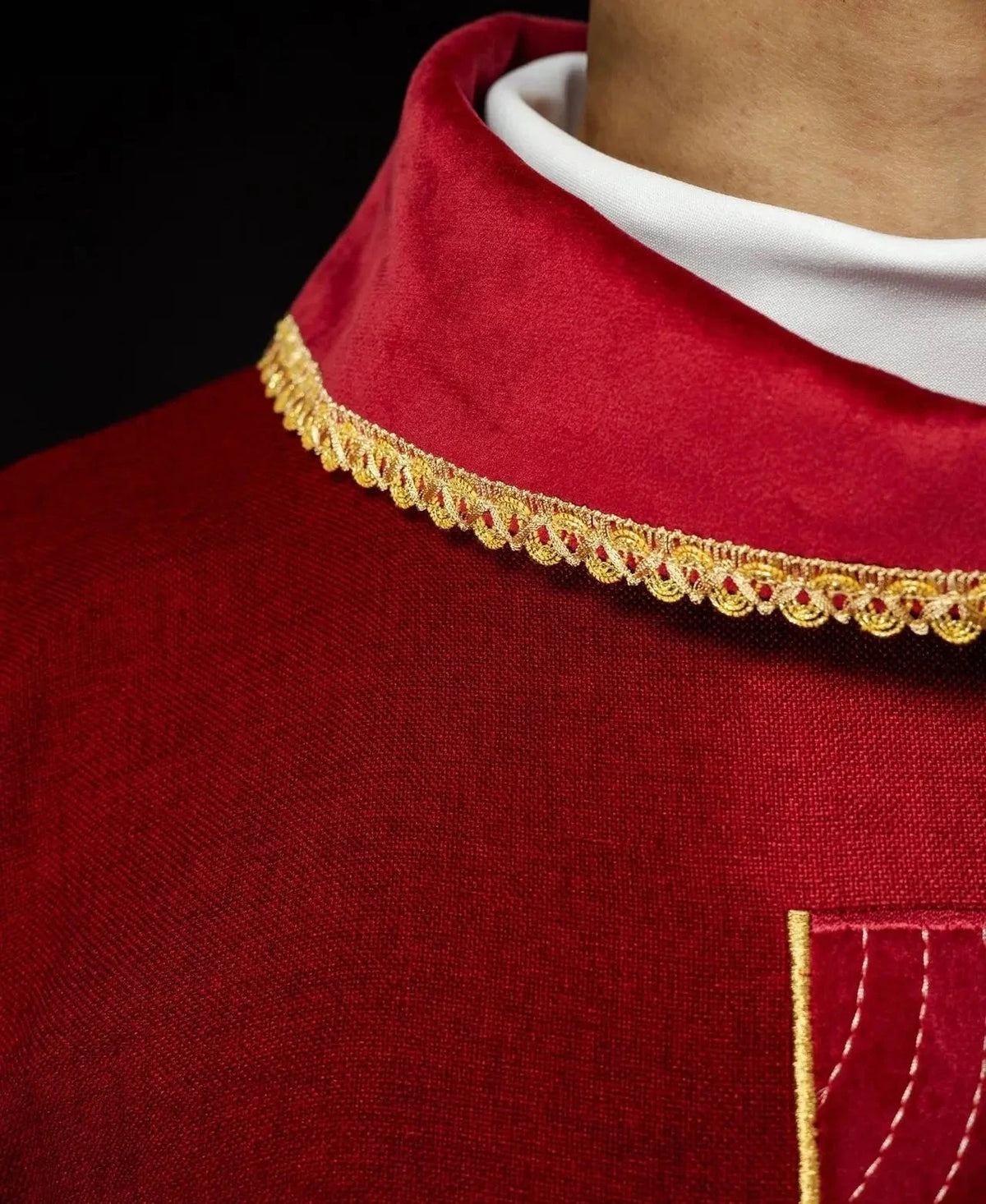 Red Chasuble with Gold Cross Embroidery and Decorative Panel — Front view