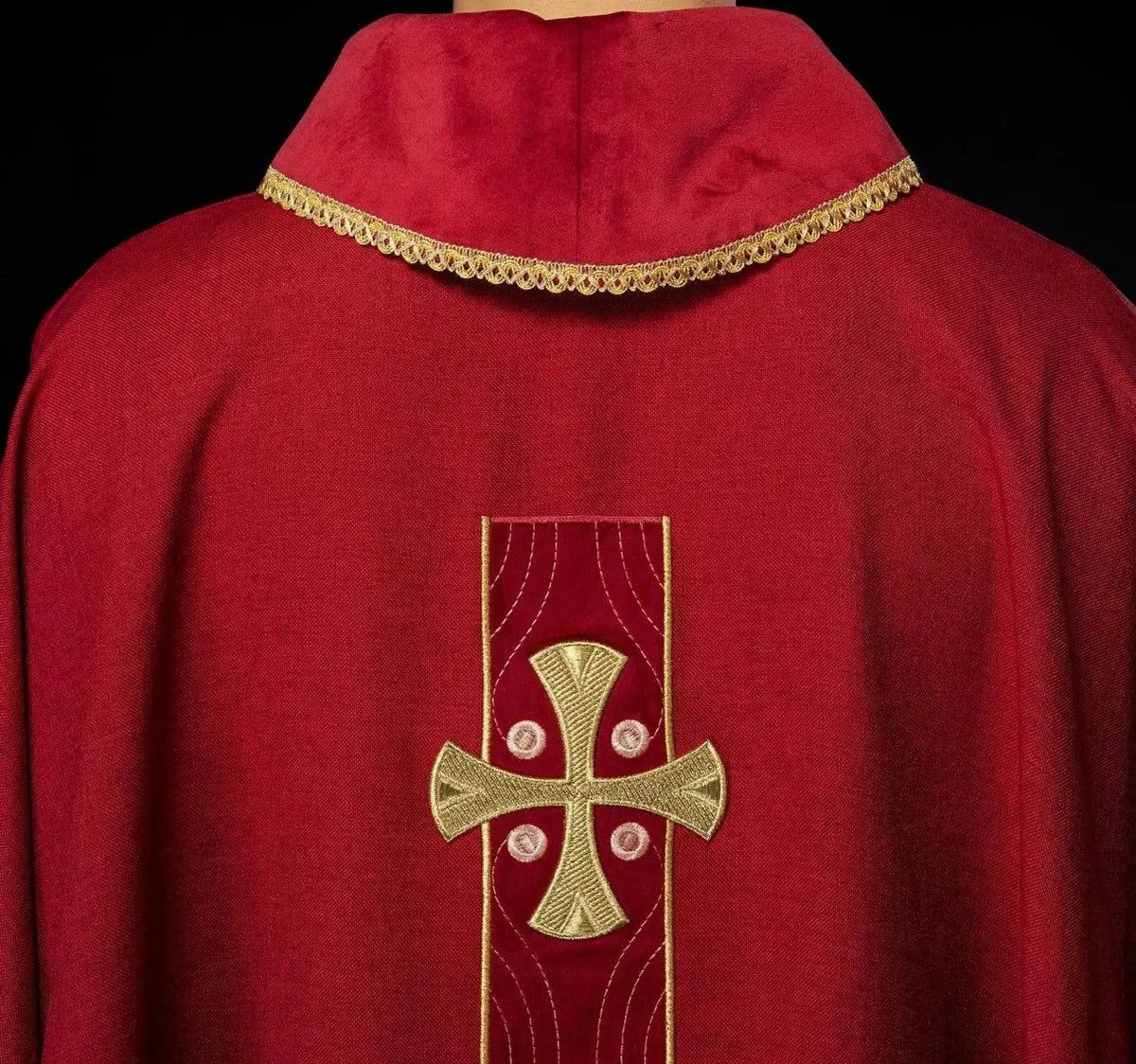 Red Chasuble with Gold Cross Embroidery and Decorative Panel — Back view