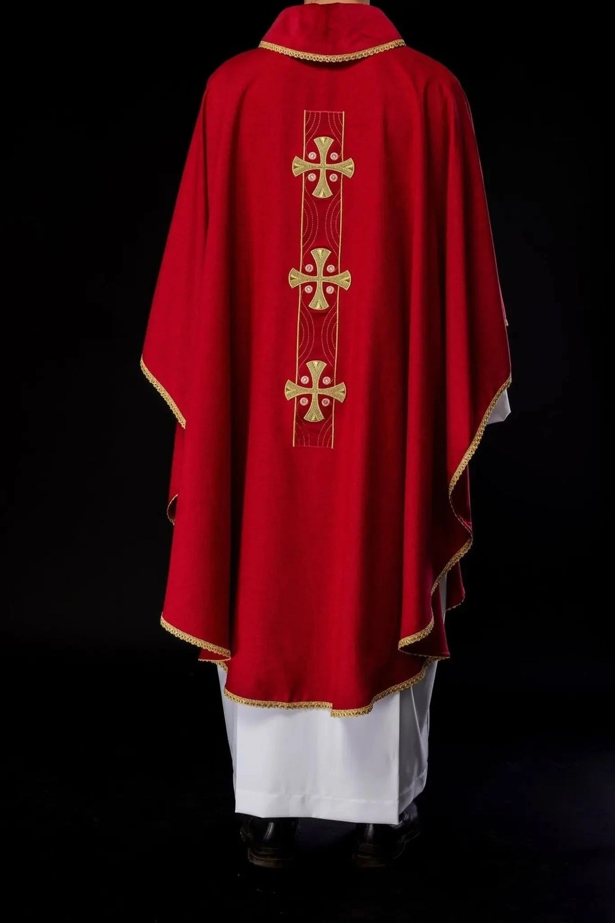 Red Chasuble with Gold Cross Embroidery and Decorative Panel — Fabric detail
