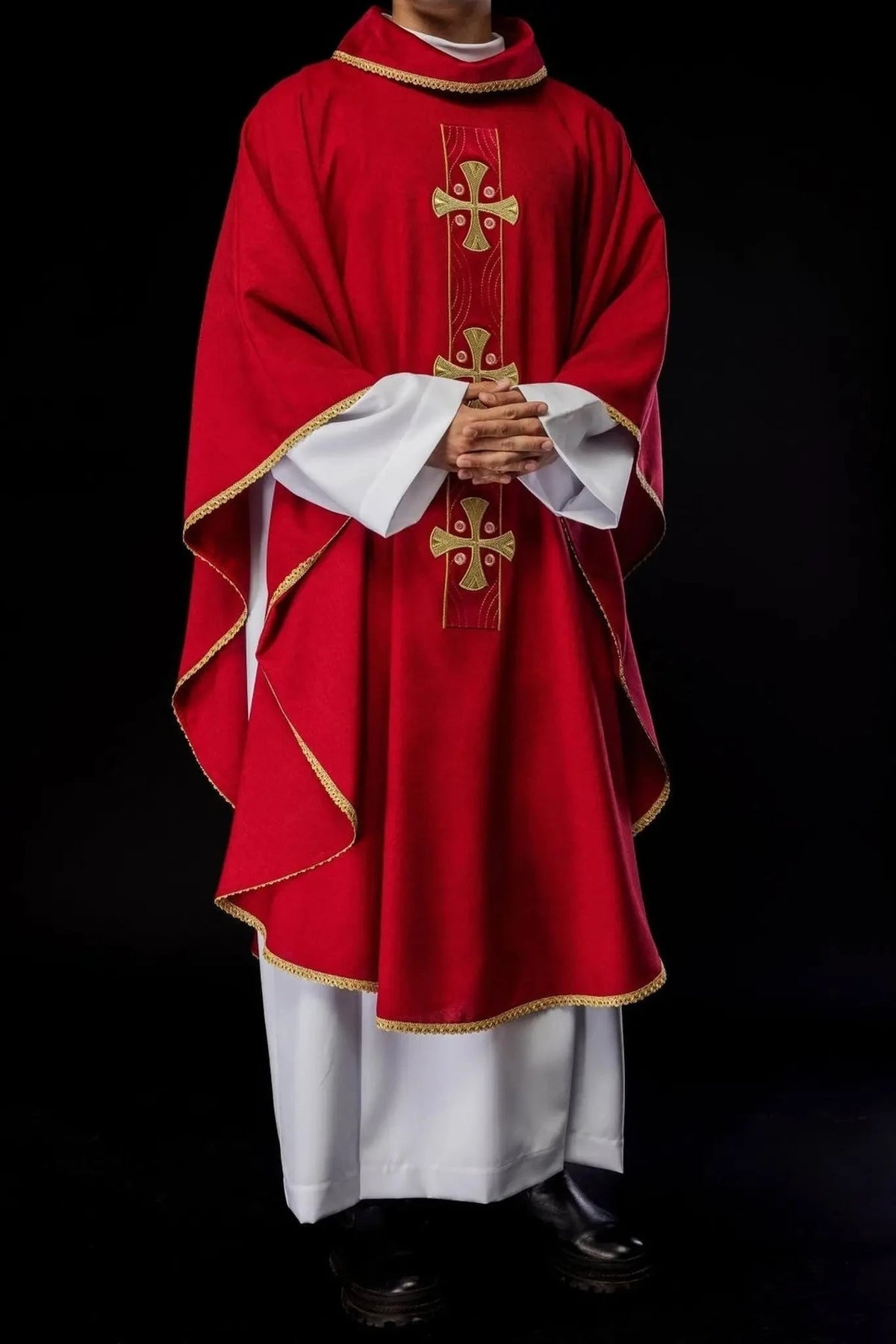 Red Chasuble with Gold Cross Embroidery and Decorative Panel — Fit on celebrant