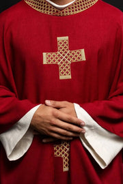 Red chasuble with gold cross embroidery — product view