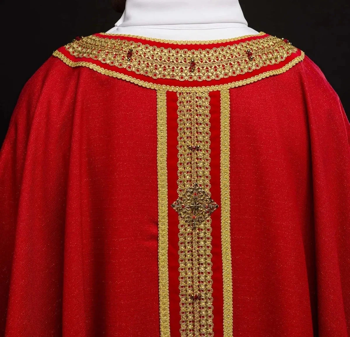 Red Chasuble Hand-Decorated with Natural Stones — decoration close-up