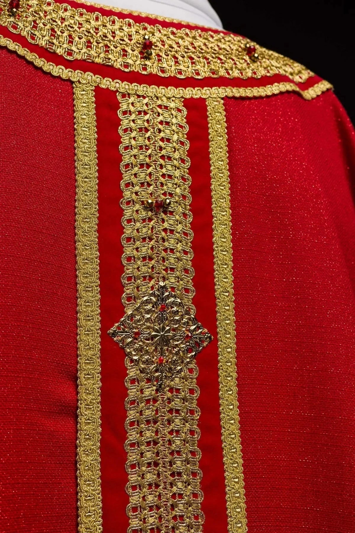 Red Chasuble Hand-Decorated with Natural Stones — detail view 12