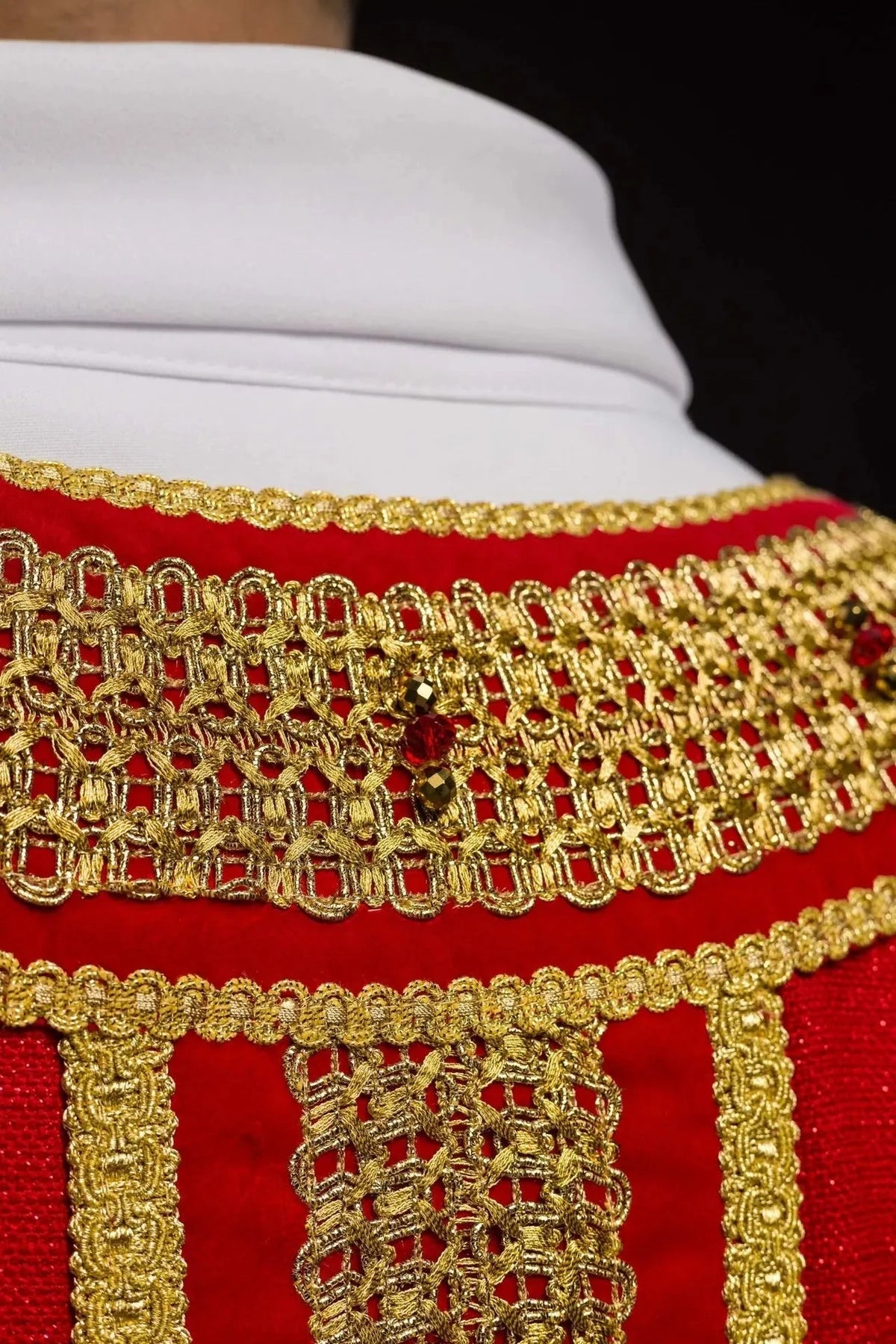 Red Chasuble Hand-Decorated with Natural Stones — detail view 13