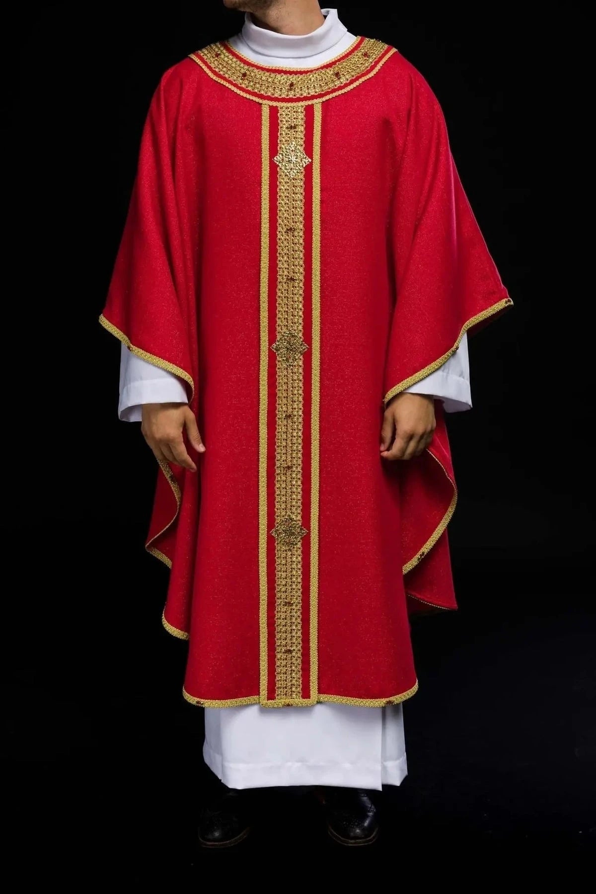 Red Chasuble Hand-Decorated with Natural Stones — full view