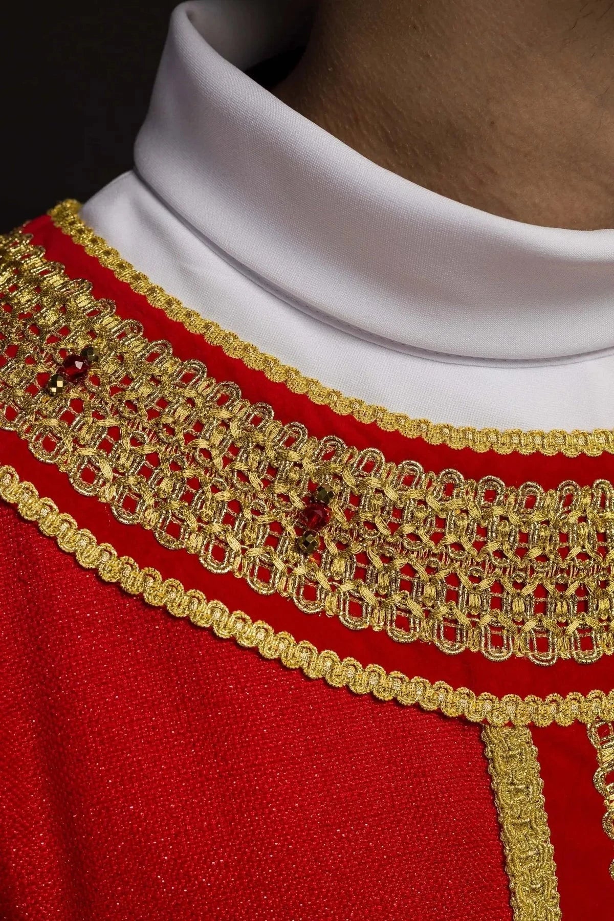 Red Chasuble Hand-Decorated with Natural Stones — embroidery close-up