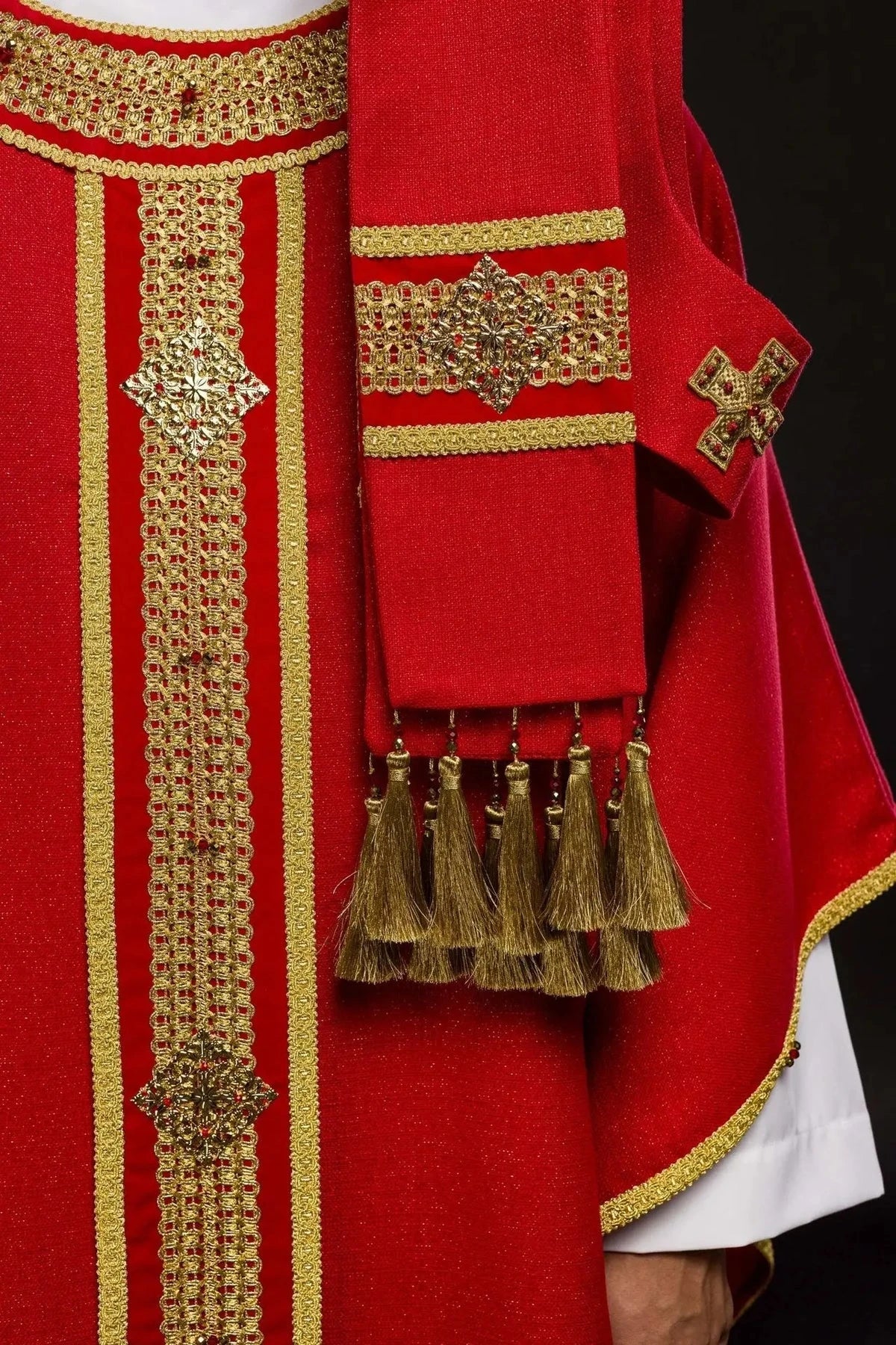 Red Chasuble Hand-Decorated with Natural Stones — back view