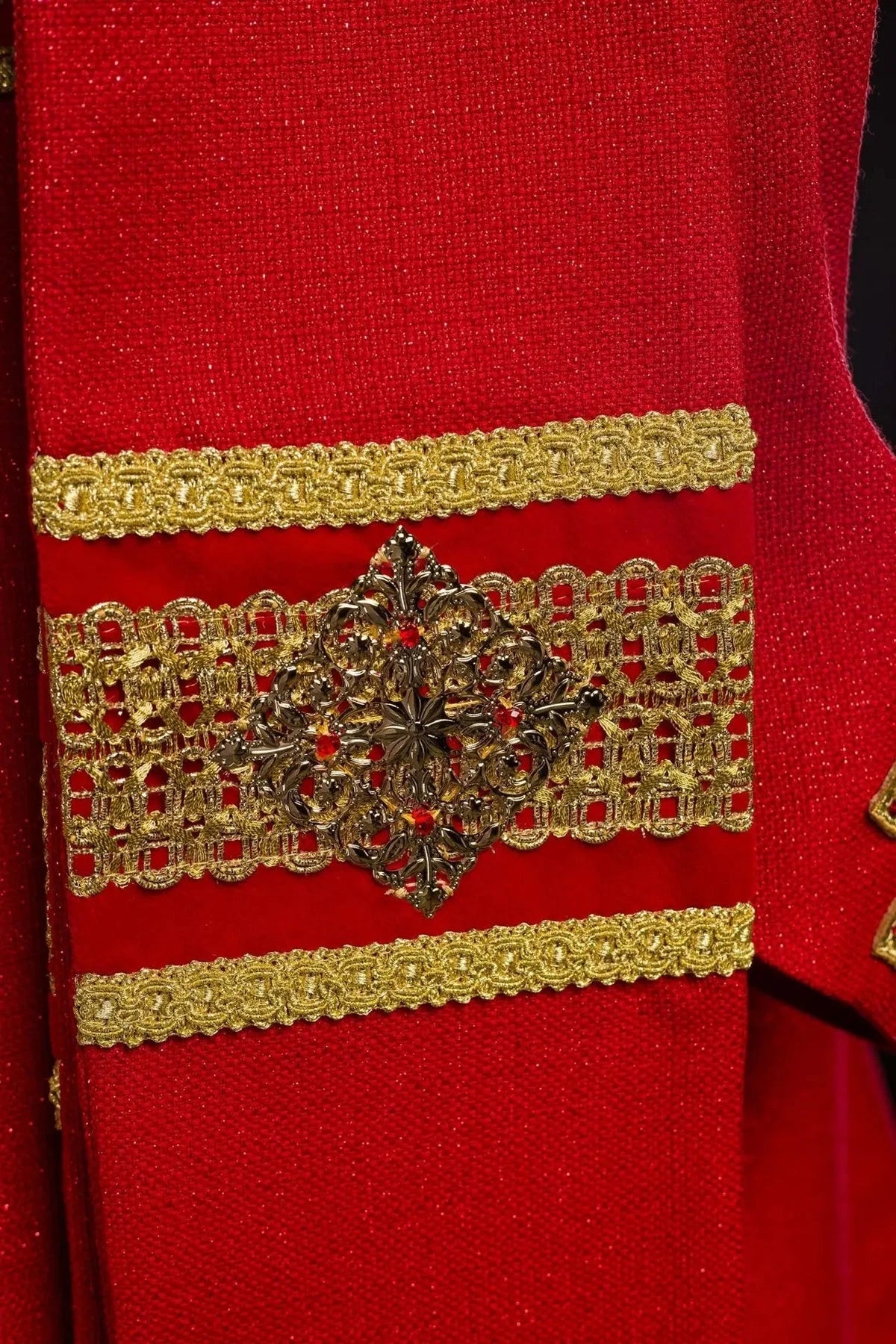 Red Chasuble Hand-Decorated with Natural Stones — fabric detail