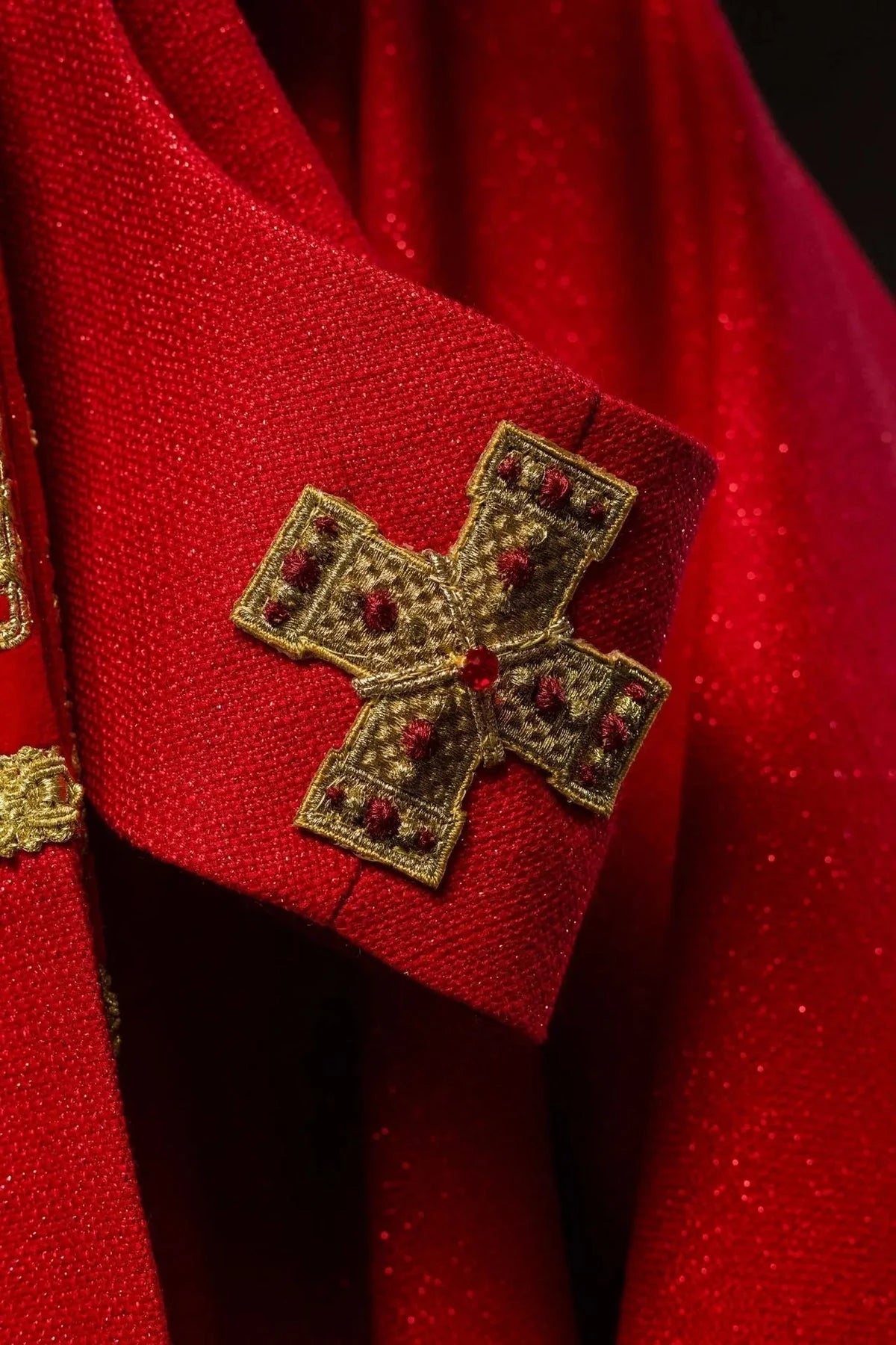 Red Chasuble Hand-Decorated with Natural Stones — fit on celebrant