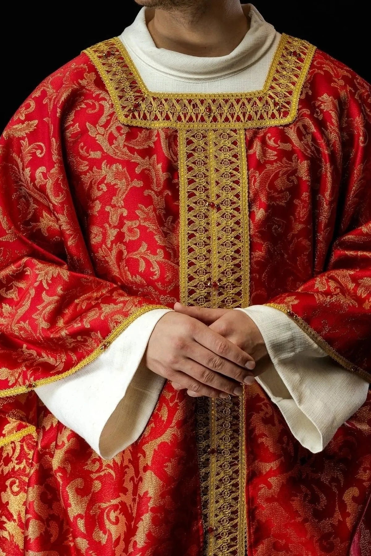 Red Chasuble Hand-Decorated with Natural Stones – Design II — full view