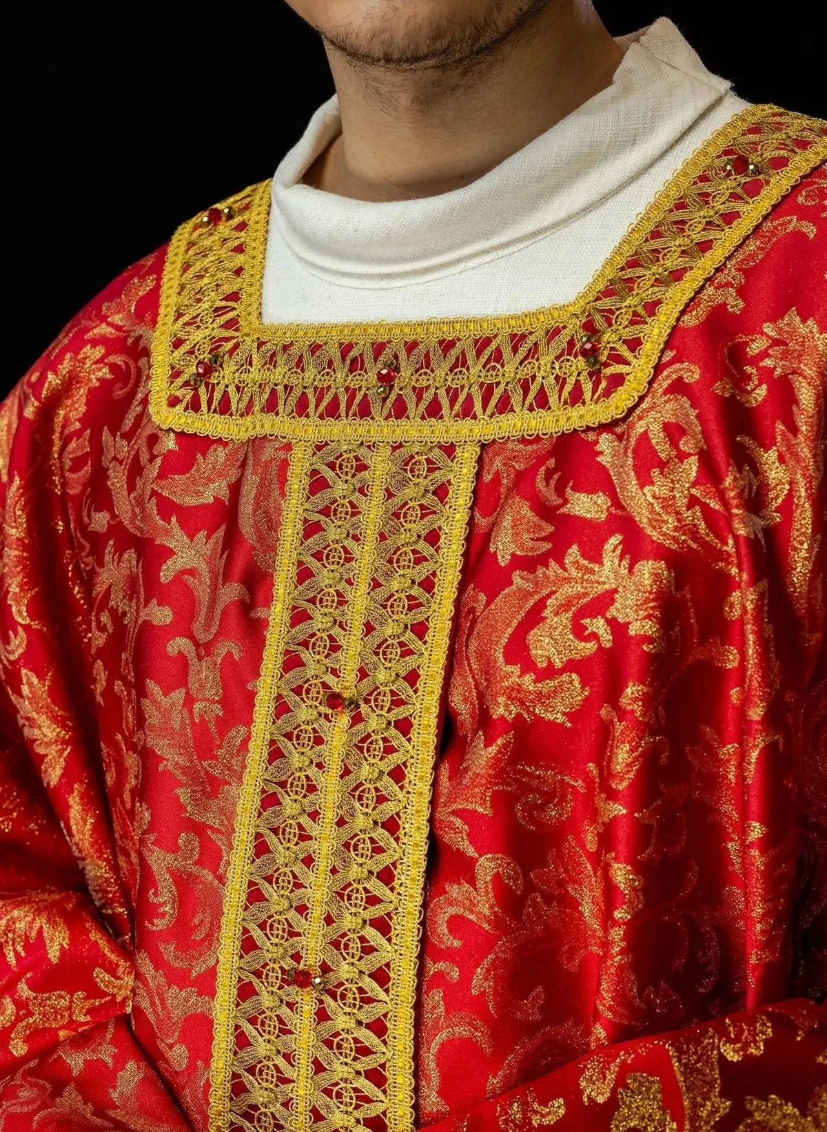 Red Chasuble Hand-Decorated with Natural Stones – Design II — embroidery close-up