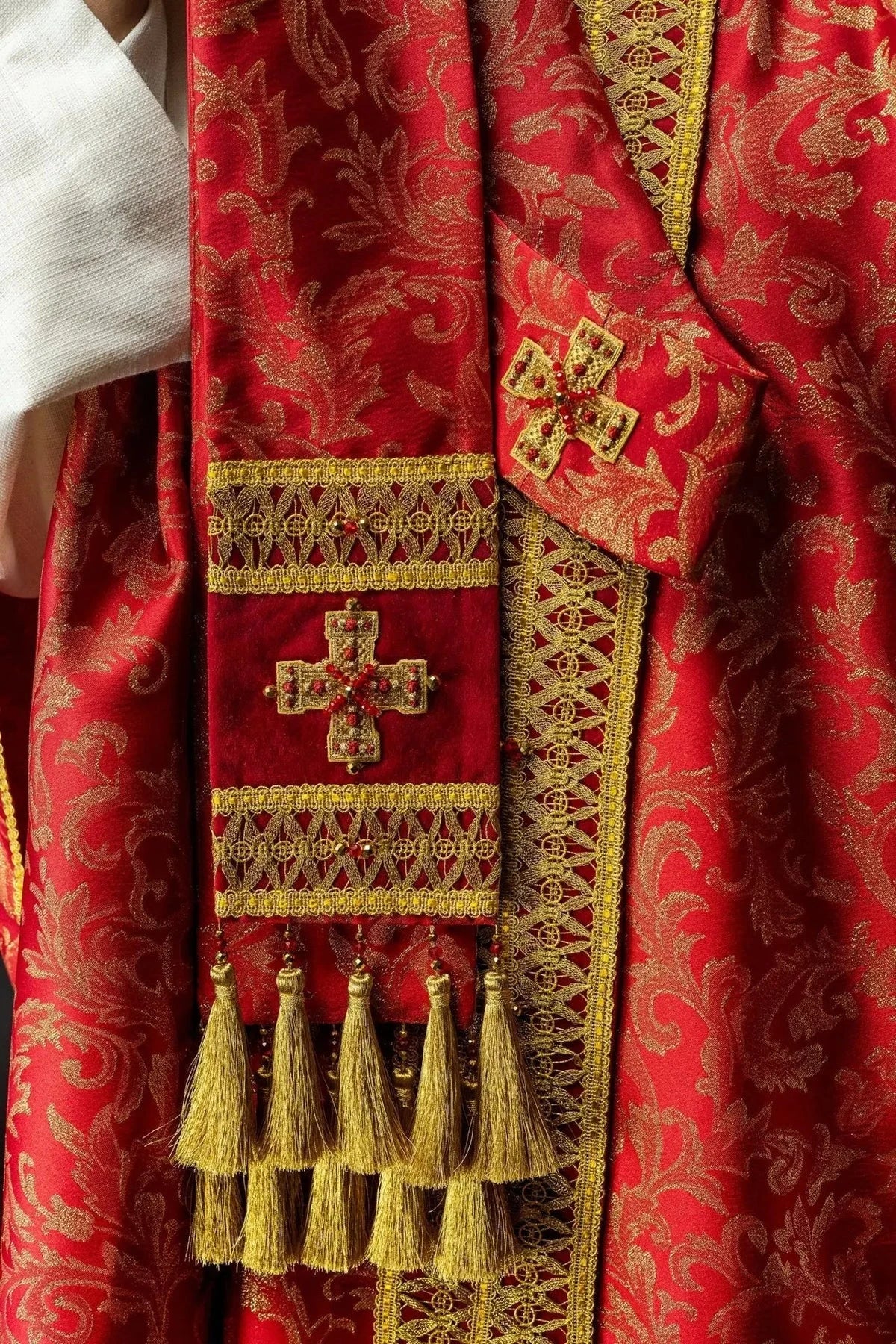 Red Chasuble Hand-Decorated with Natural Stones – Design II — front view