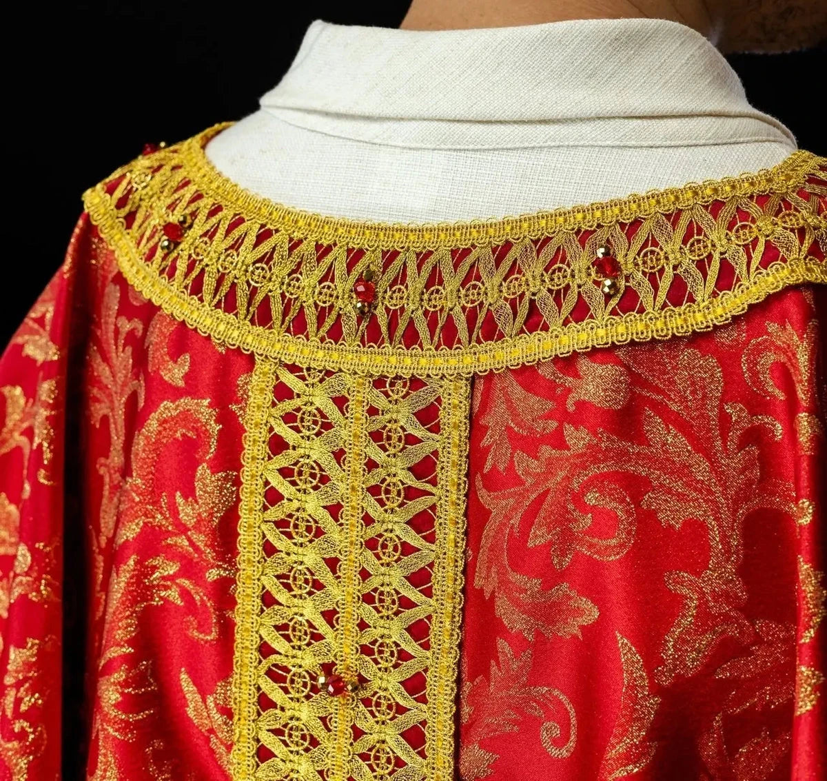 Red Chasuble Hand-Decorated with Natural Stones – Design II — back view