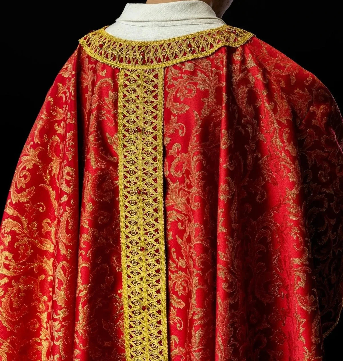 Red Chasuble Hand-Decorated with Natural Stones – Design II — fabric detail
