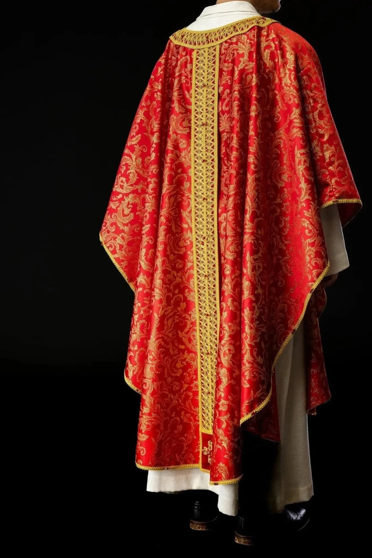 Red Chasuble Hand-Decorated with Natural Stones – Design II — fit on celebrant