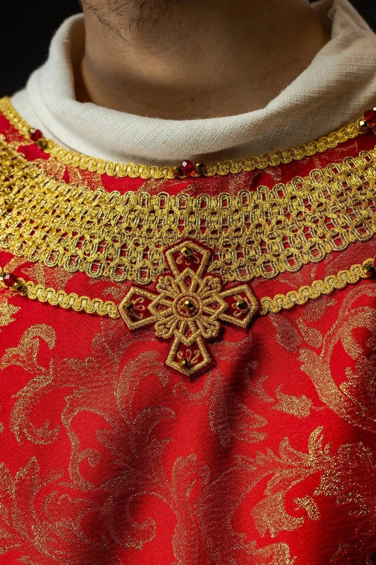 Red Chasuble with Natural Stone Decoration — embroidery close-up