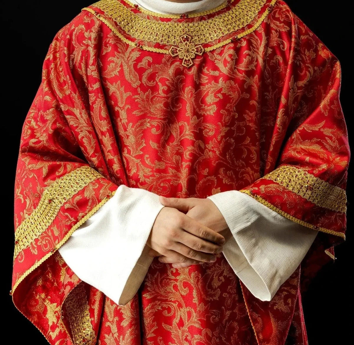Red Chasuble with Natural Stone Decoration — collar finish