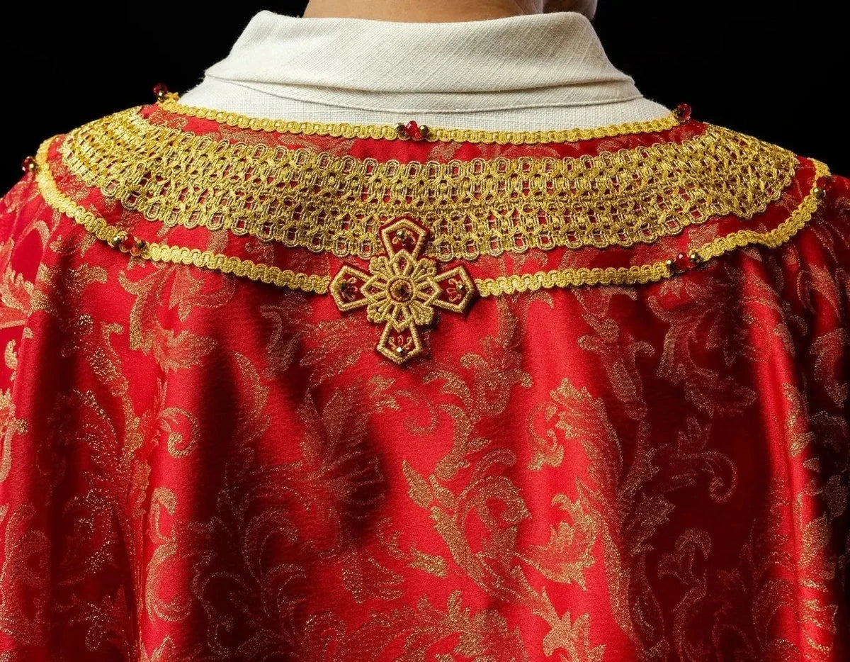 Red Chasuble with Natural Stone Decoration — back view