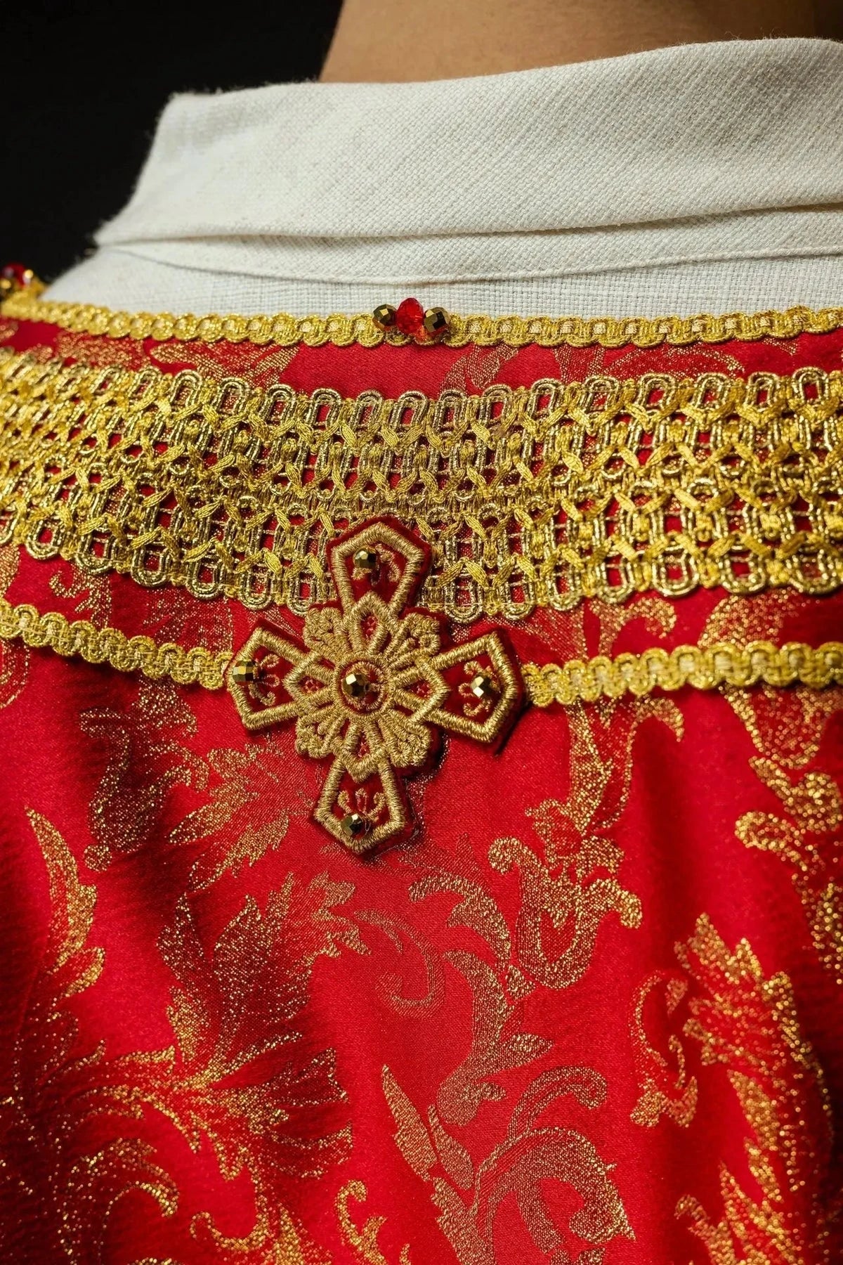 Red Chasuble with Natural Stone Decoration — fabric detail
