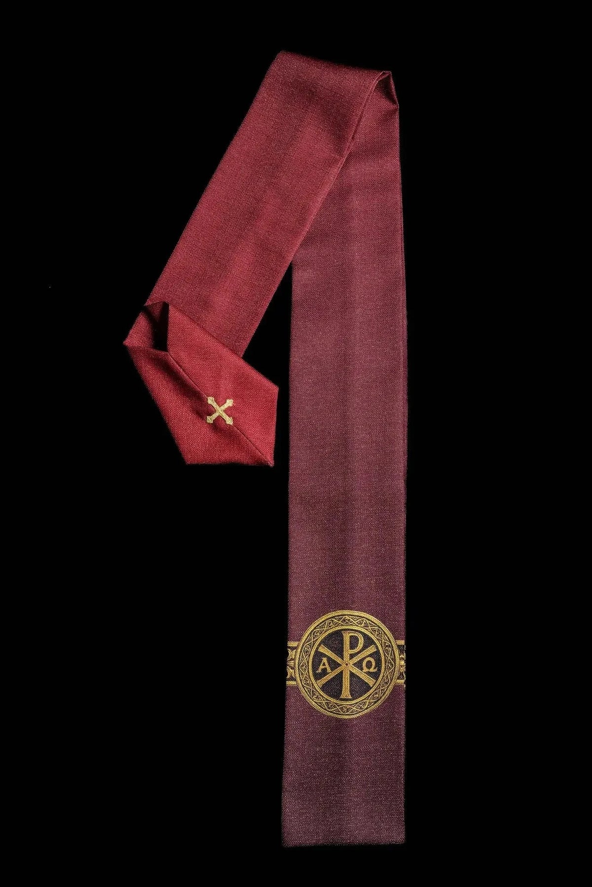 Red chasuble with PAX print — decorative detail