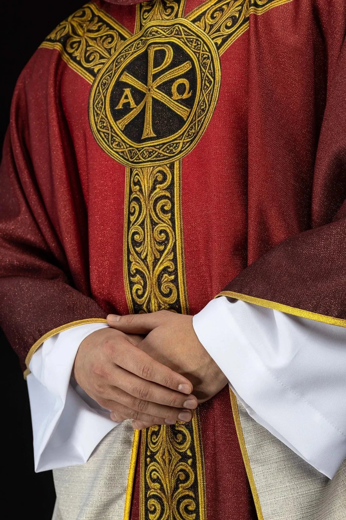 Red chasuble with PAX print — full view