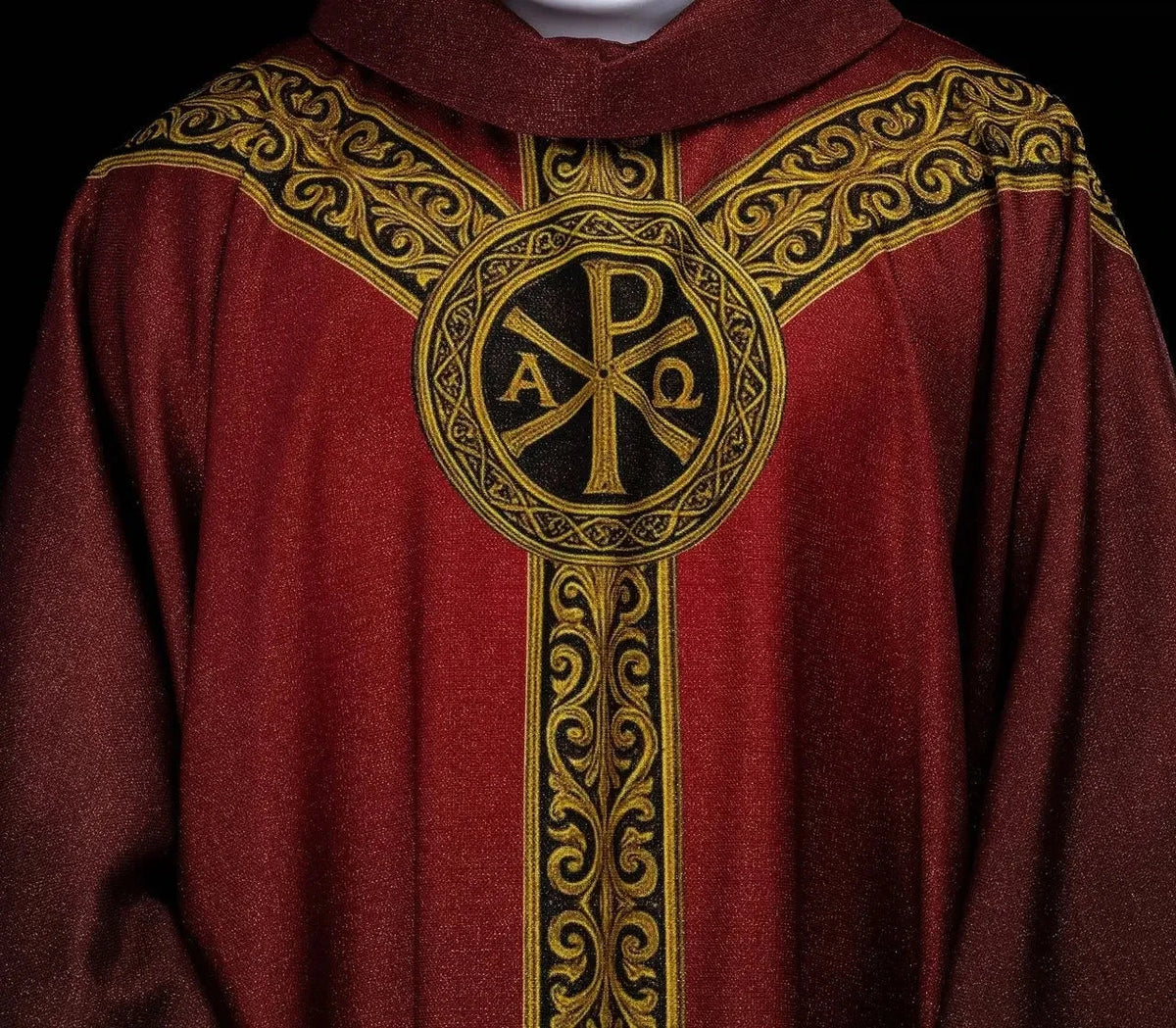 Red chasuble with PAX print — print close-up