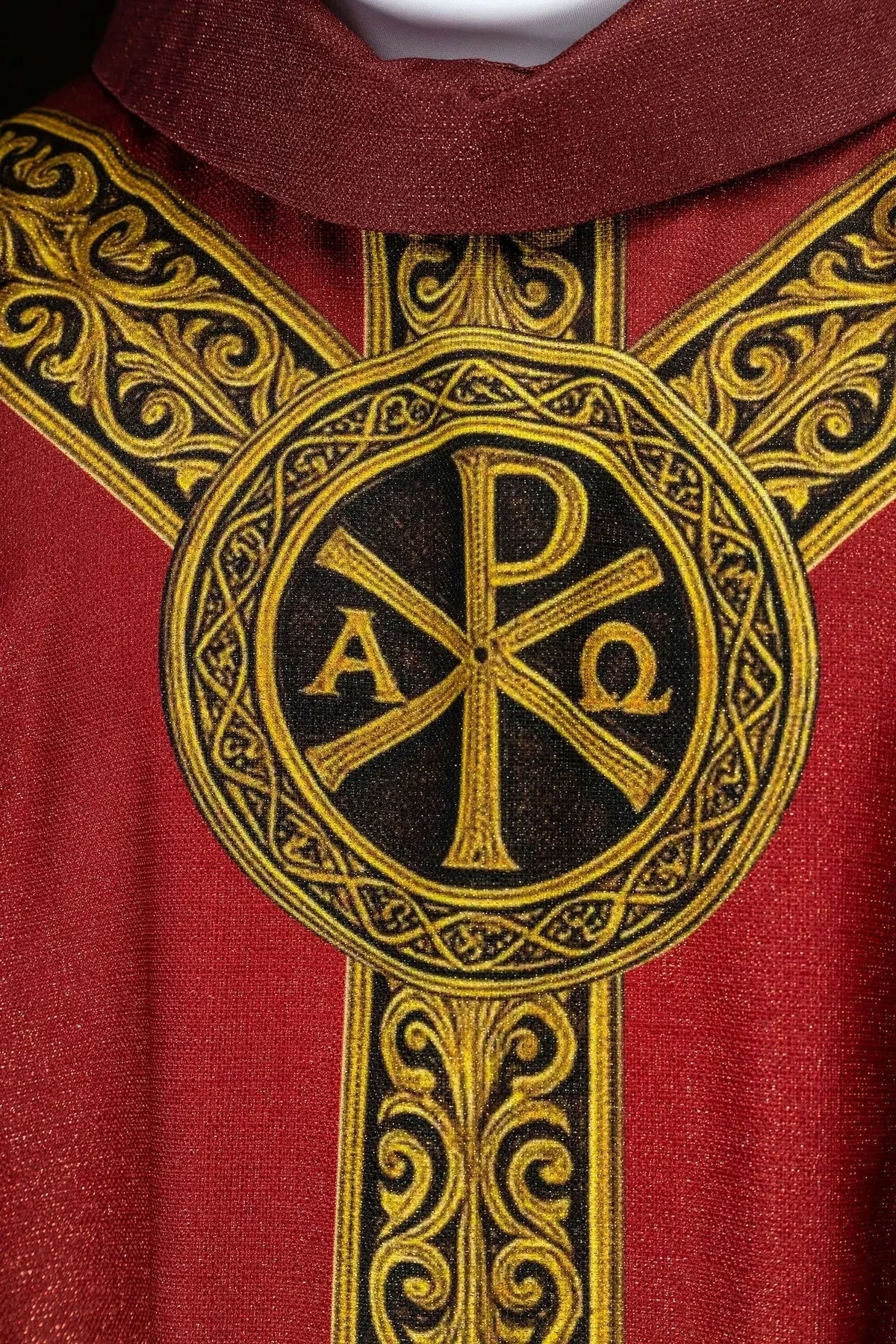 Red chasuble with PAX print — PAX detail