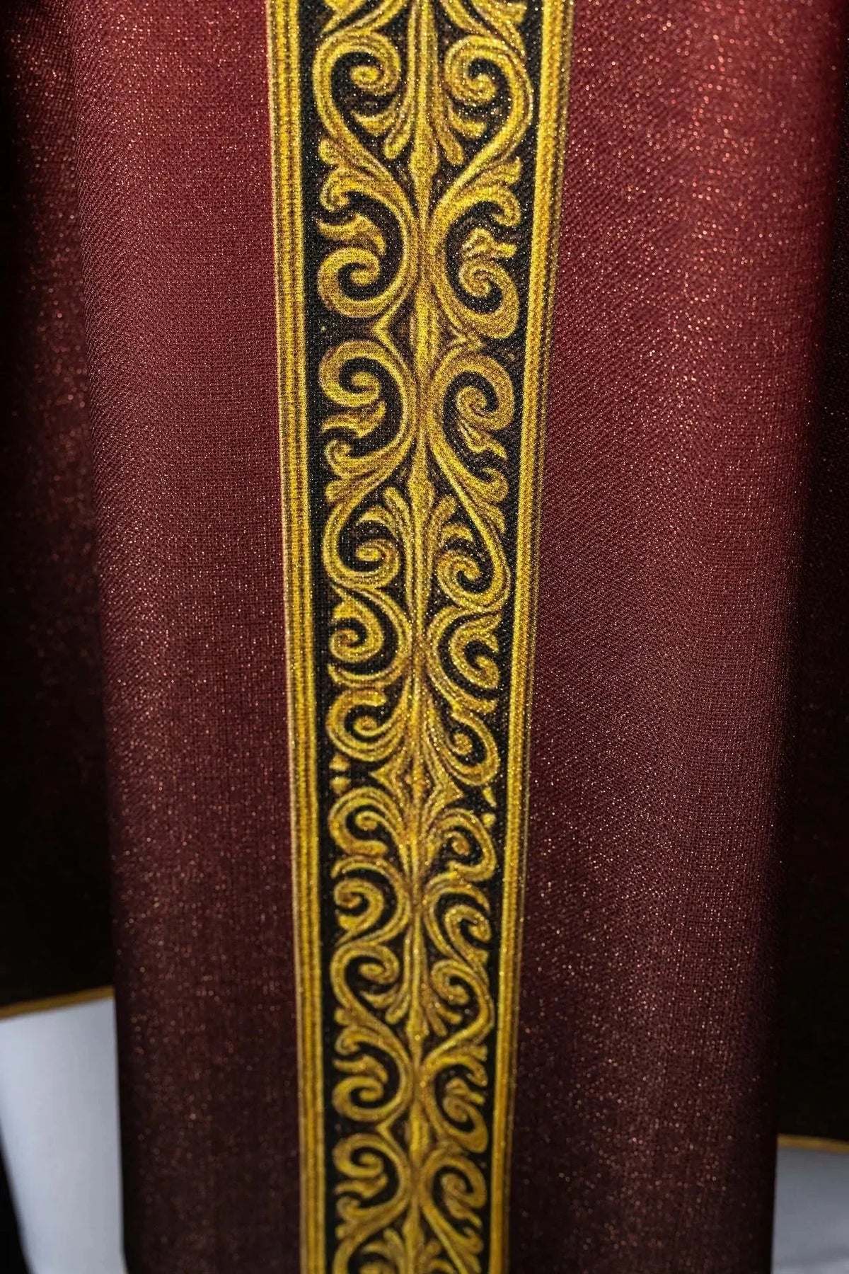 Red chasuble with PAX print — neckline finish