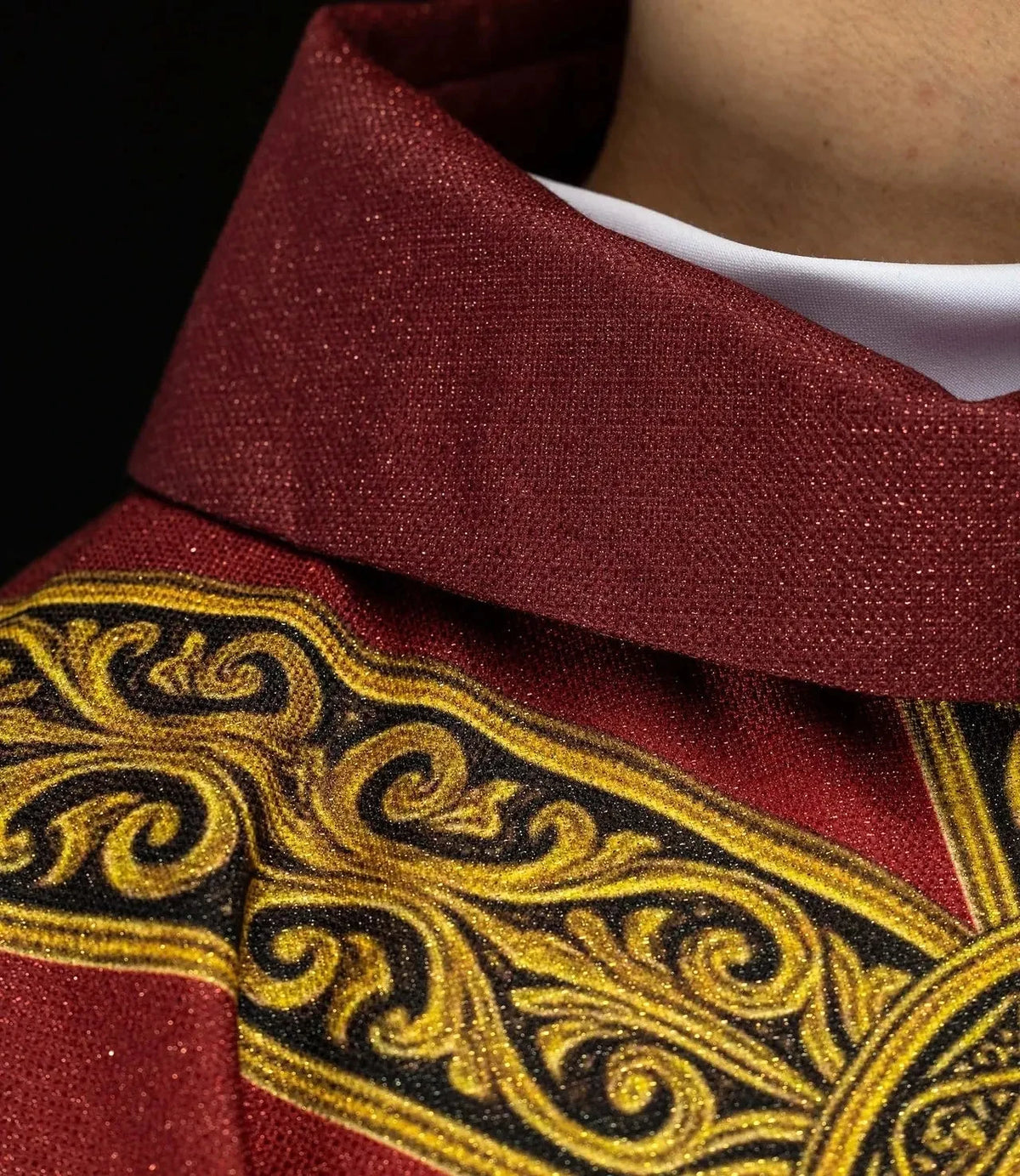 Red chasuble with PAX print — front view