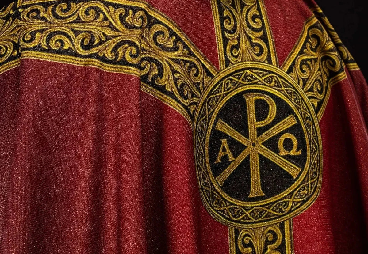 Red chasuble with PAX print — surface detail