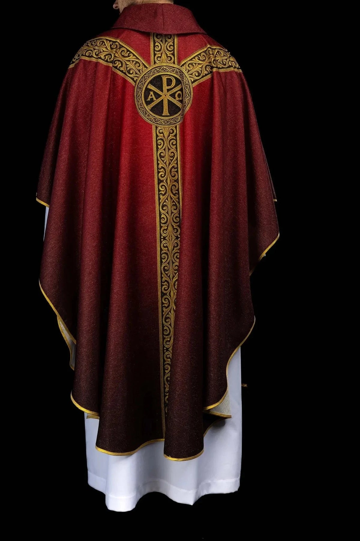 Red chasuble with PAX print — fit on celebrant