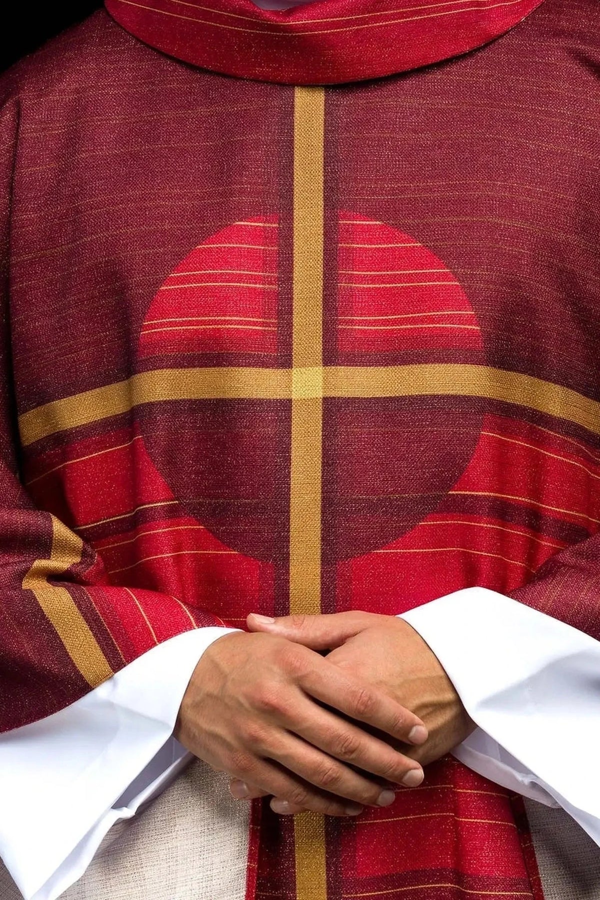 Red chasuble with printed cross — product view