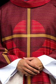 Red chasuble with printed cross — product view