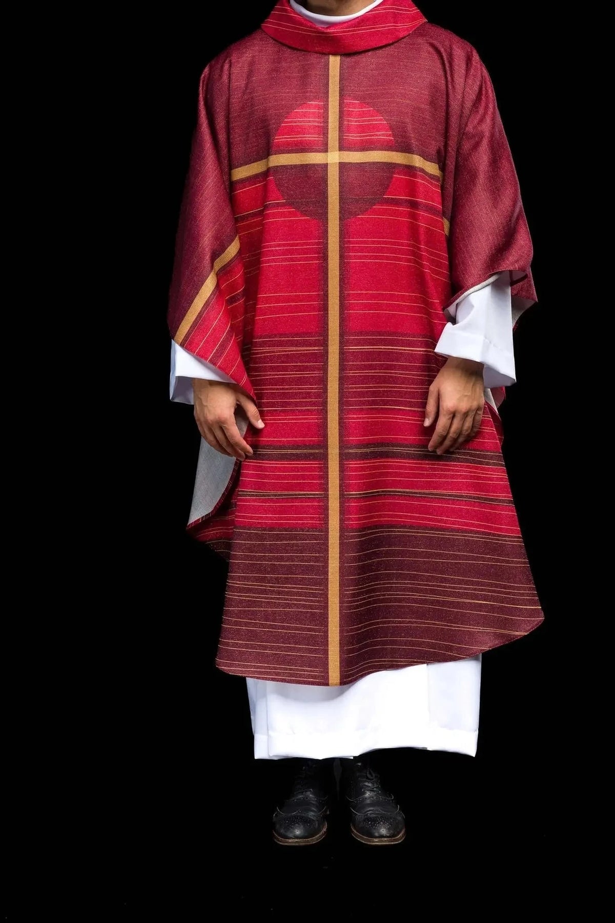 Red chasuble with printed cross — full view