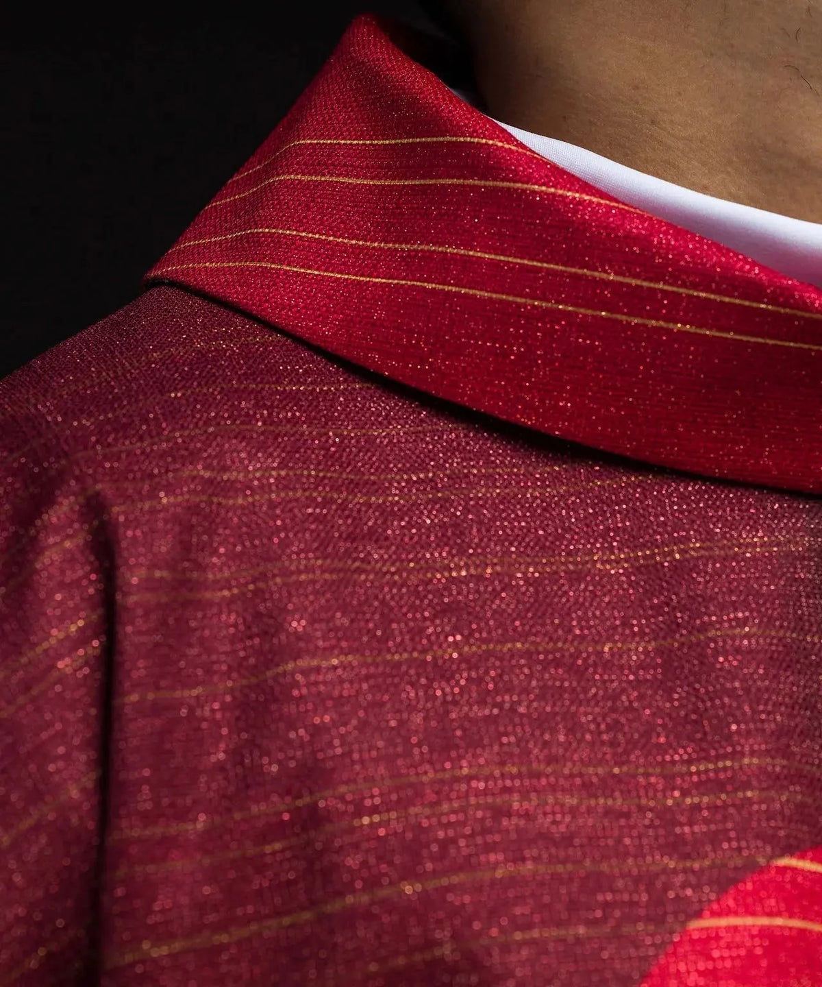 Red chasuble with printed cross — neckline finish